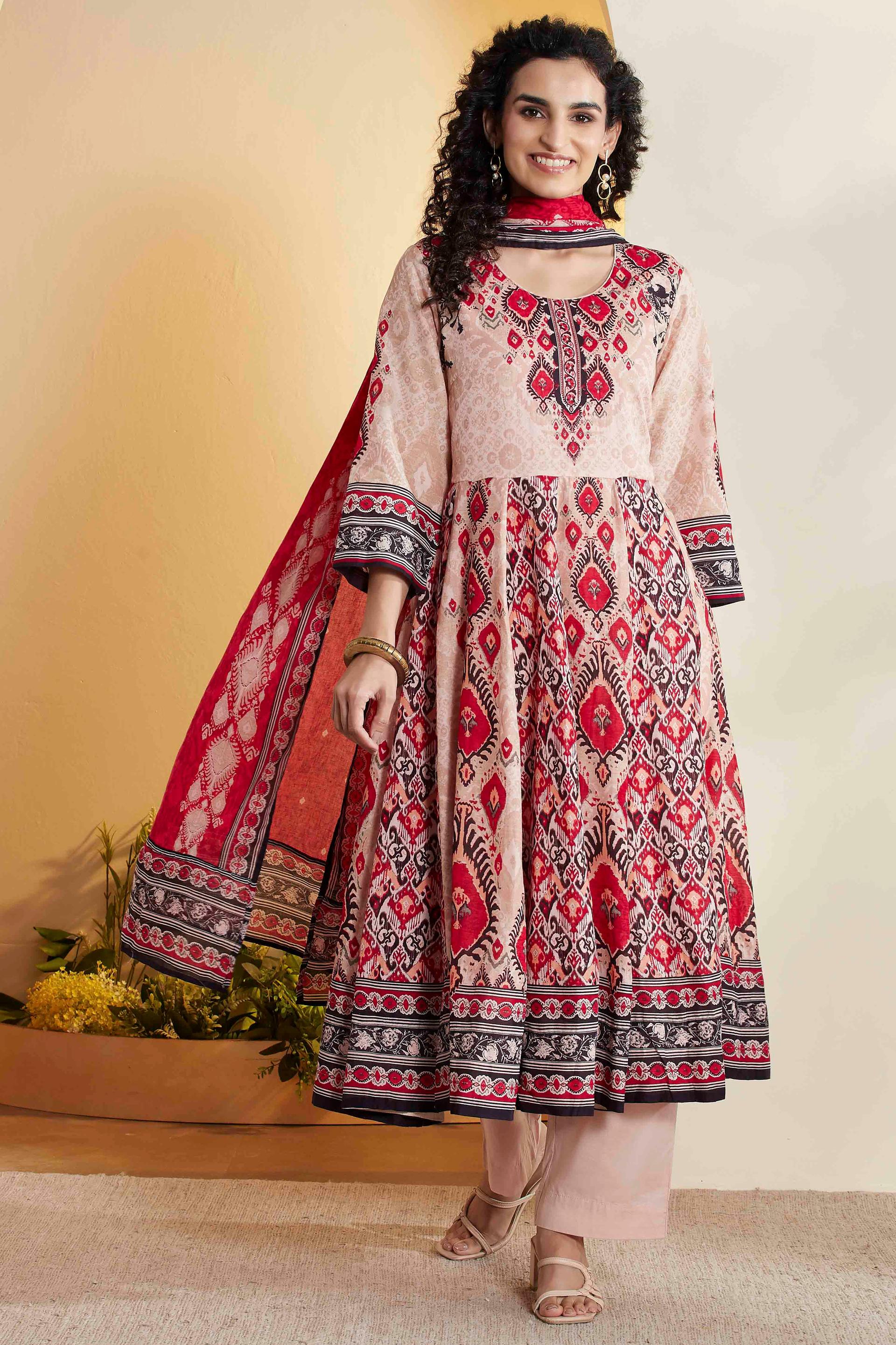 Beige Ikat-Style Print Cotton Flared Kurta Set with Red Dupatta