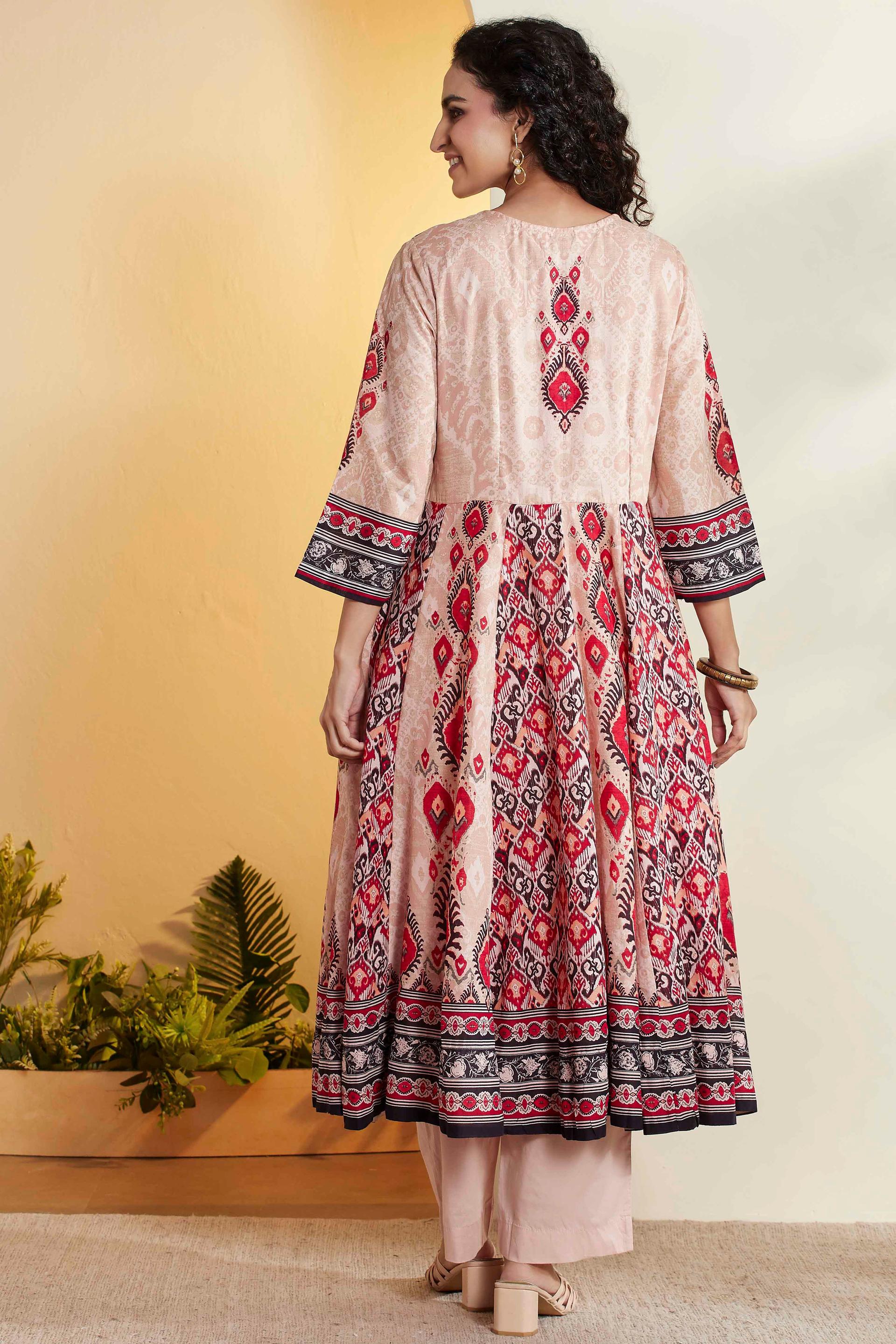 Beige Ikat-Style Print Cotton Flared Kurta Set with Red Dupatta, view 3 of 7