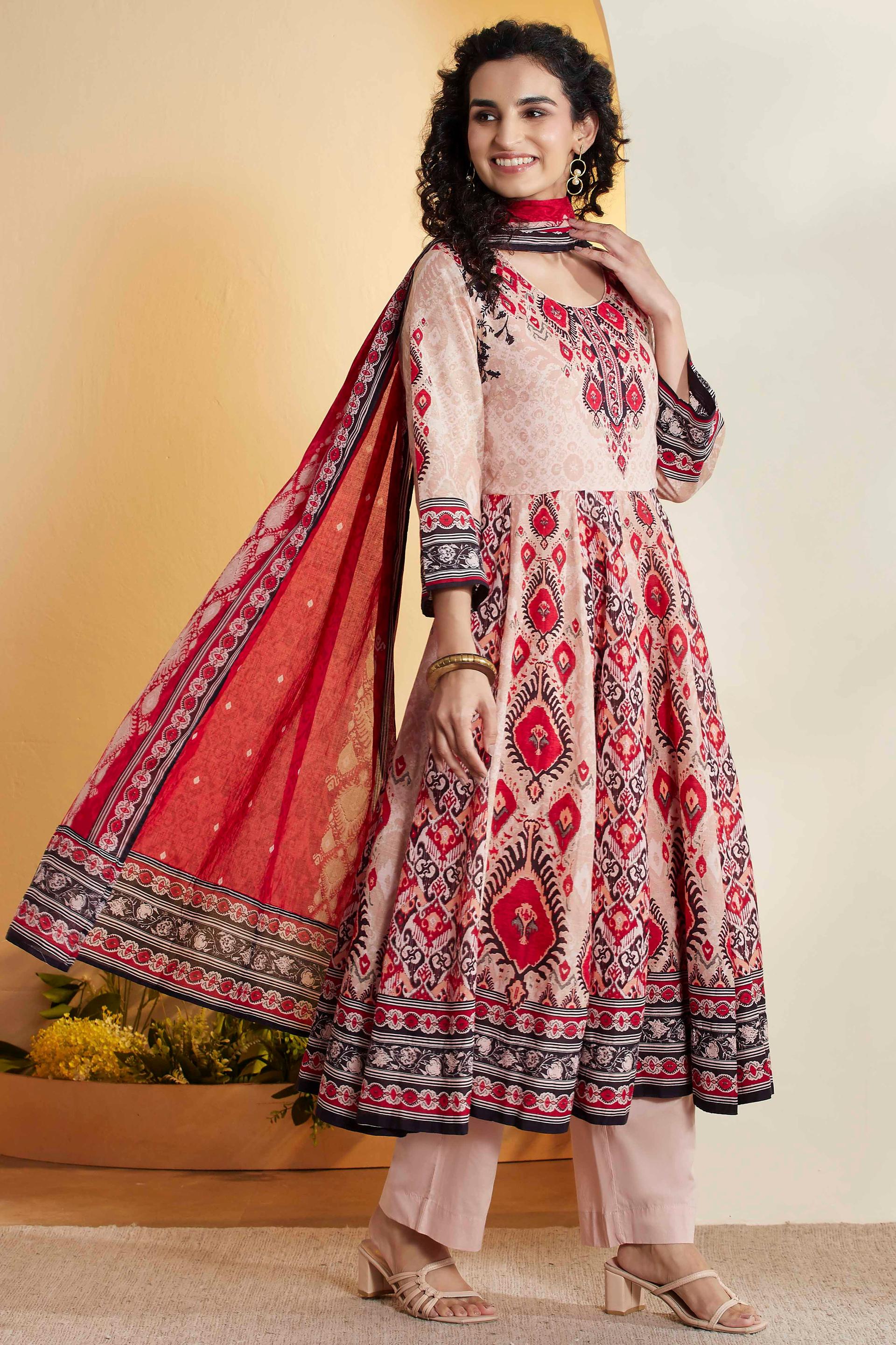 Beige Ikat-Style Print Cotton Flared Kurta Set with Red Dupatta, view 4 of 7