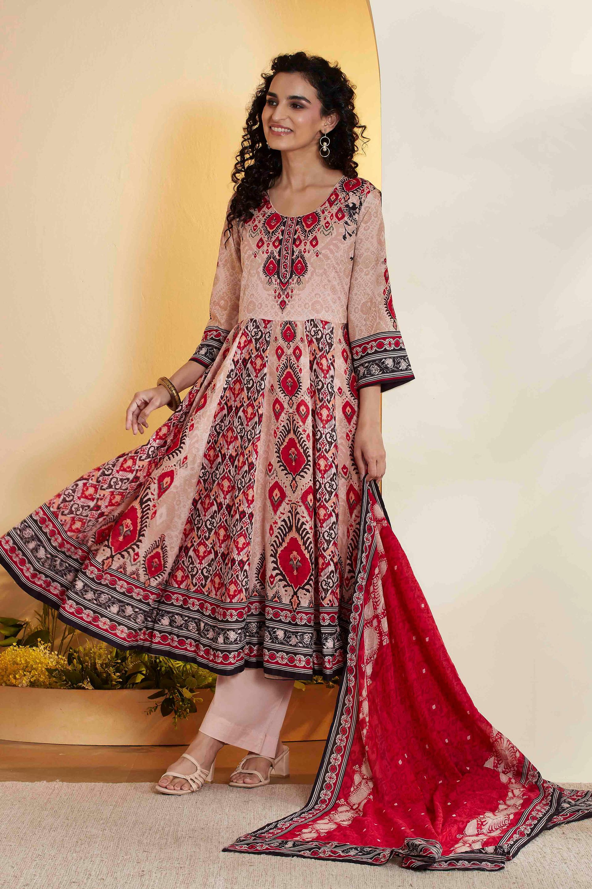 Beige Ikat-Style Print Cotton Flared Kurta Set with Red Dupatta, view 5 of 7