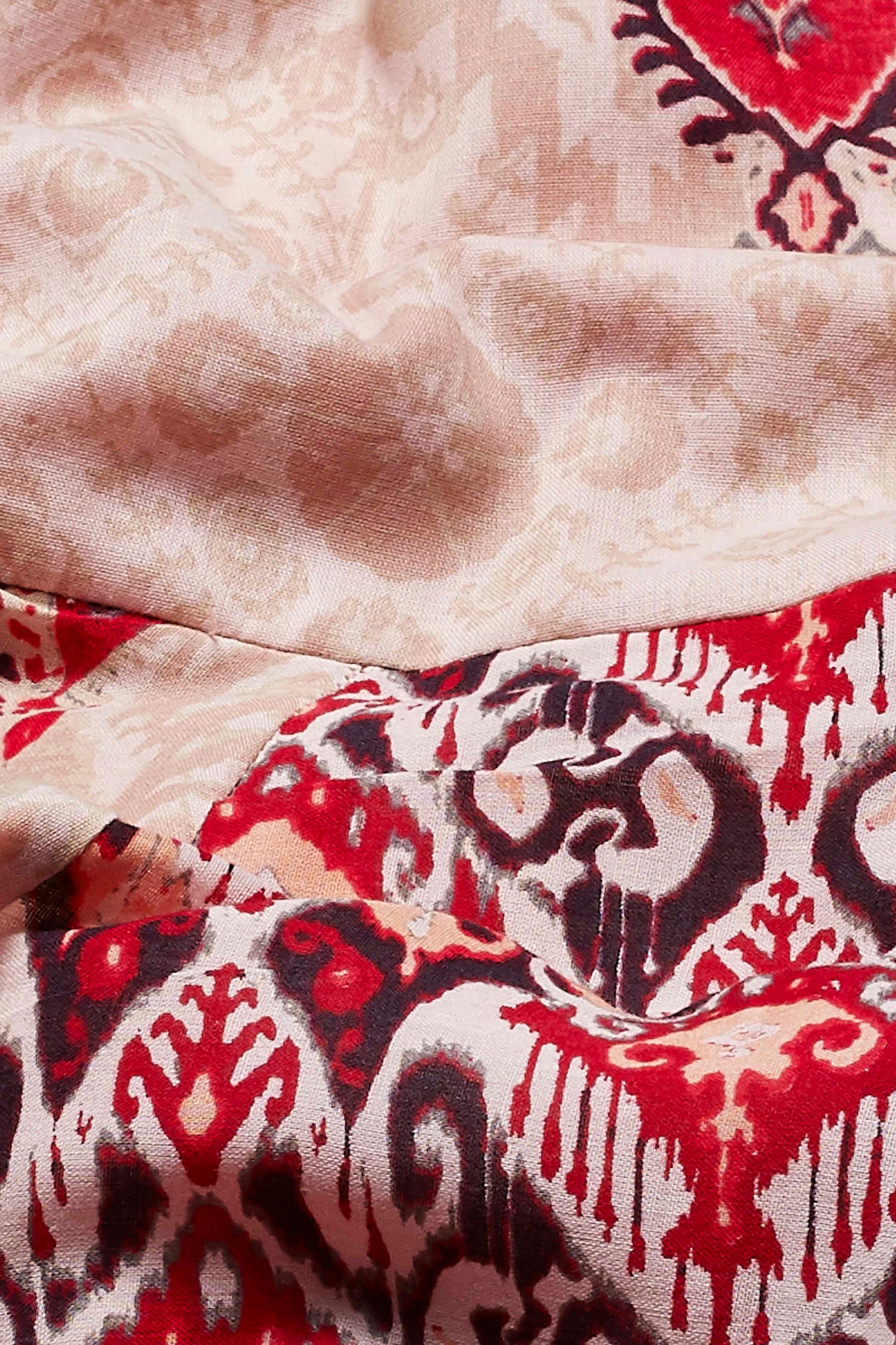 Beige Ikat-Style Print Cotton Flared Kurta Set with Red Dupatta, view 6 of 7