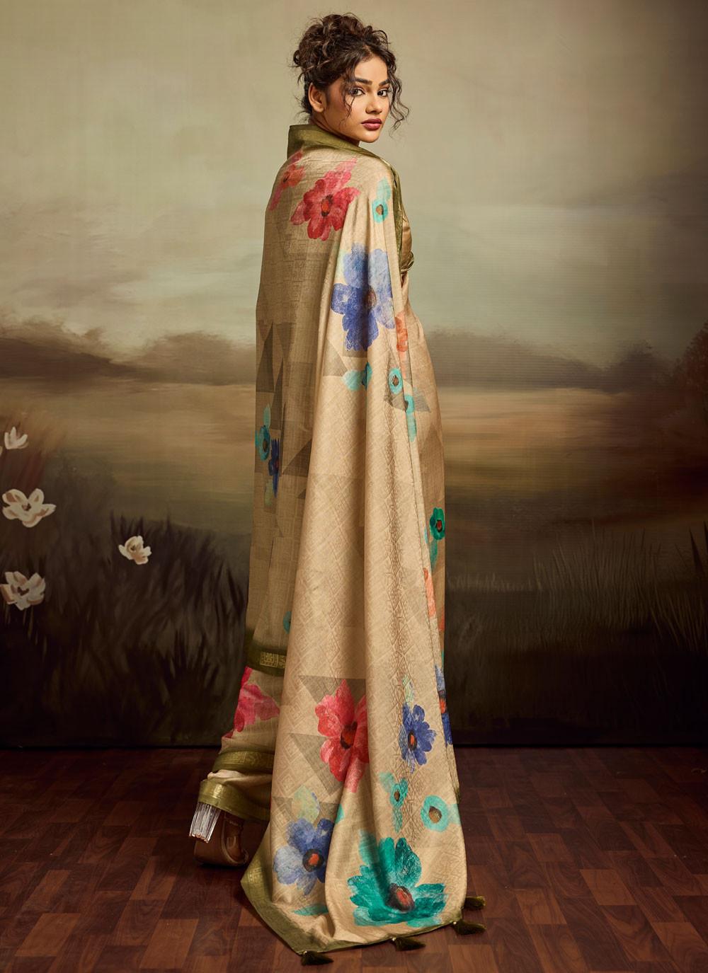 Beige Jacquard Saree with Watercolour Floral Print, view 3 of 4