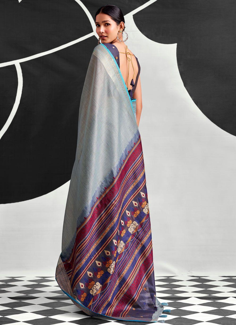 Blue Grey Cotton Saree with Striped Indigo Pallu, view 3 of 4