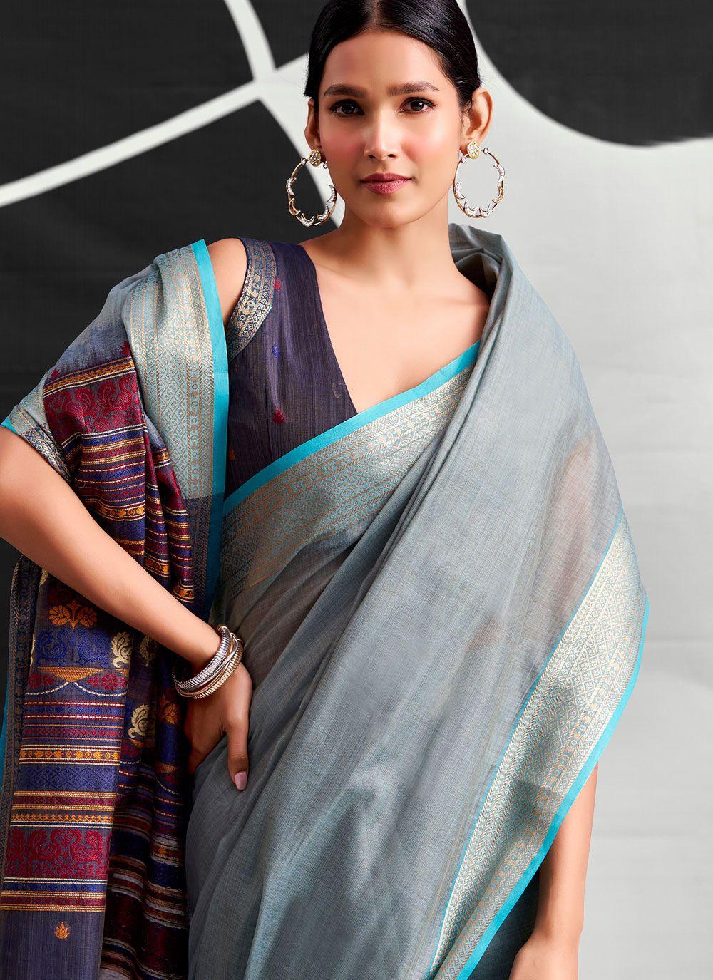 Blue Grey Cotton Saree with Striped Indigo Pallu, view 4 of 4