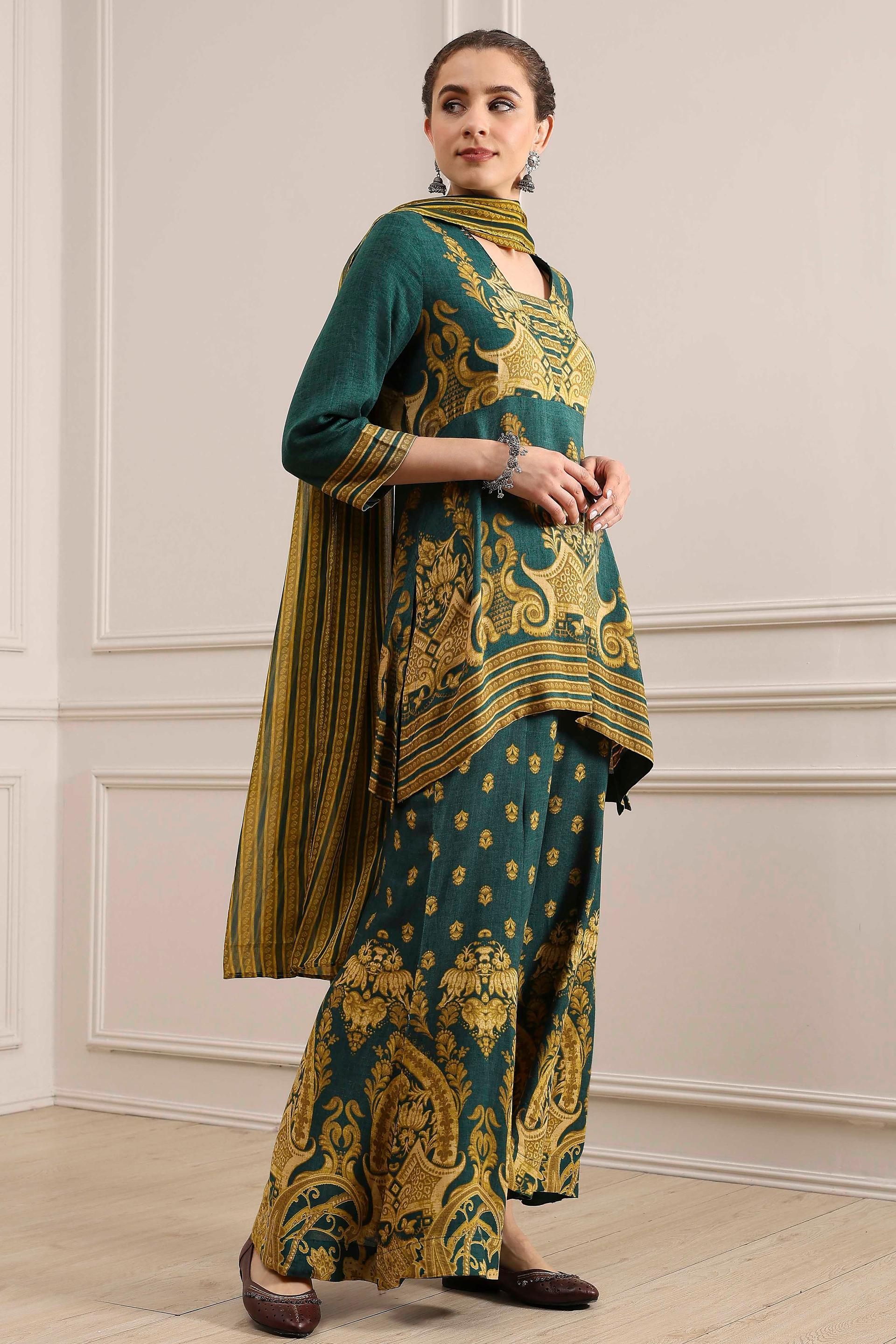 Bottle Green Ornate Print Viscose Sharara Set with Striped Dupatta, view 3 of 7