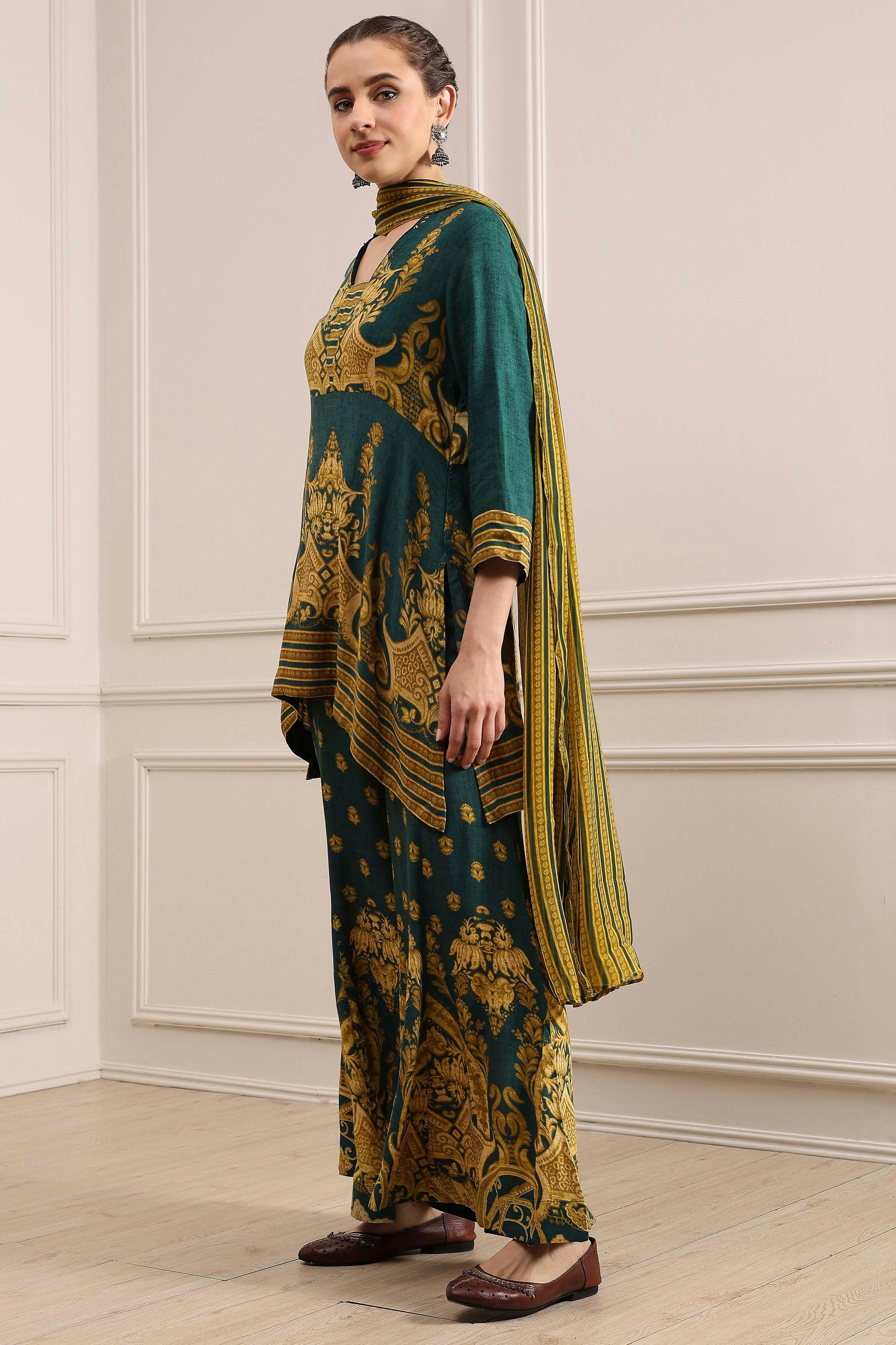Bottle Green Ornate Print Viscose Sharara Set with Striped Dupatta, view 4 of 7