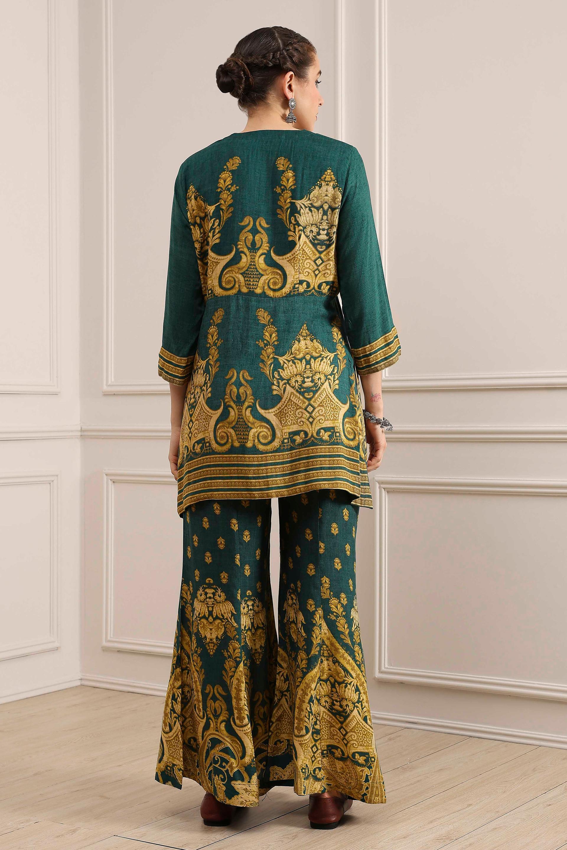 Bottle Green Ornate Print Viscose Sharara Set with Striped Dupatta, view 5 of 7