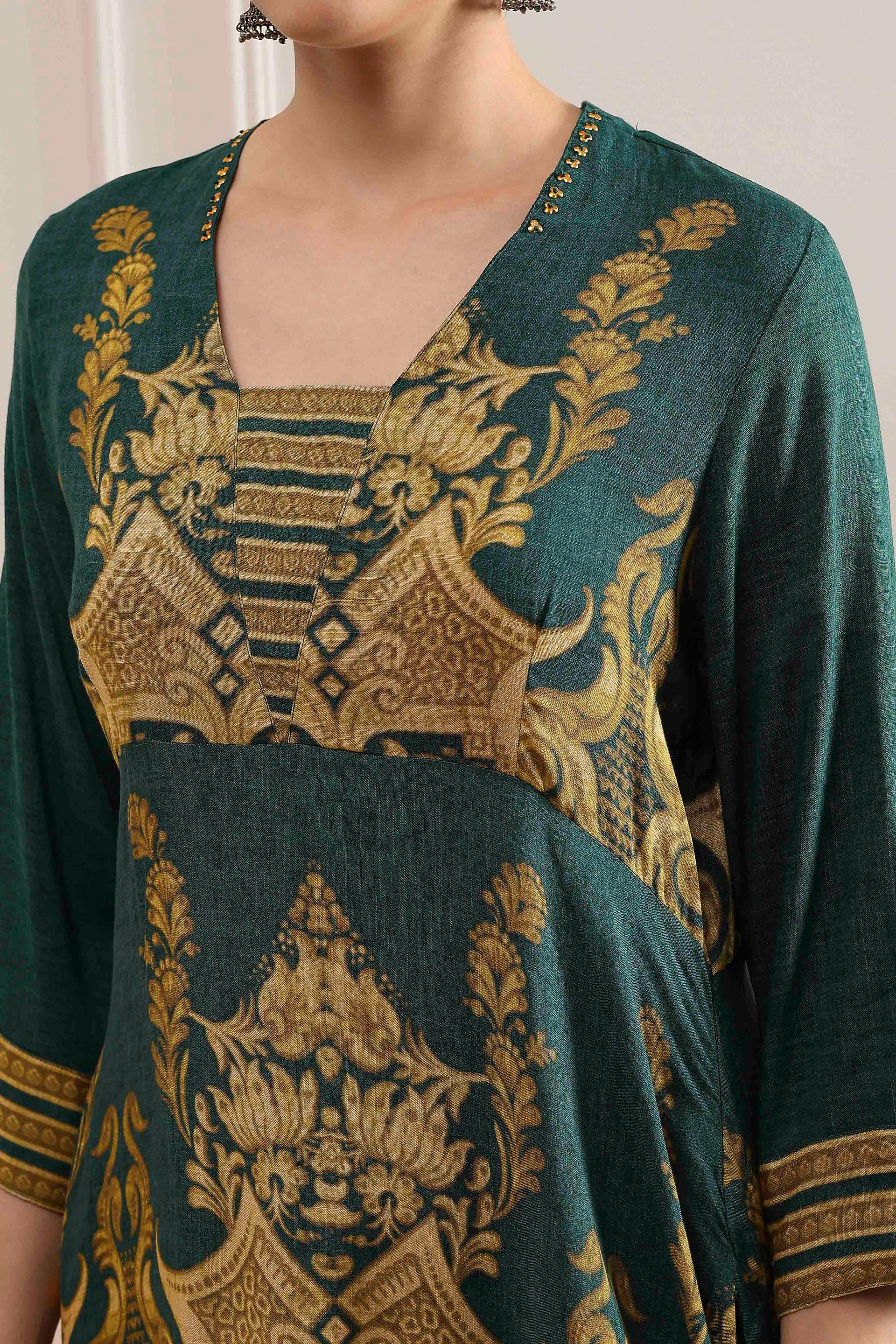 Bottle Green Ornate Print Viscose Sharara Set with Striped Dupatta, view 6 of 7