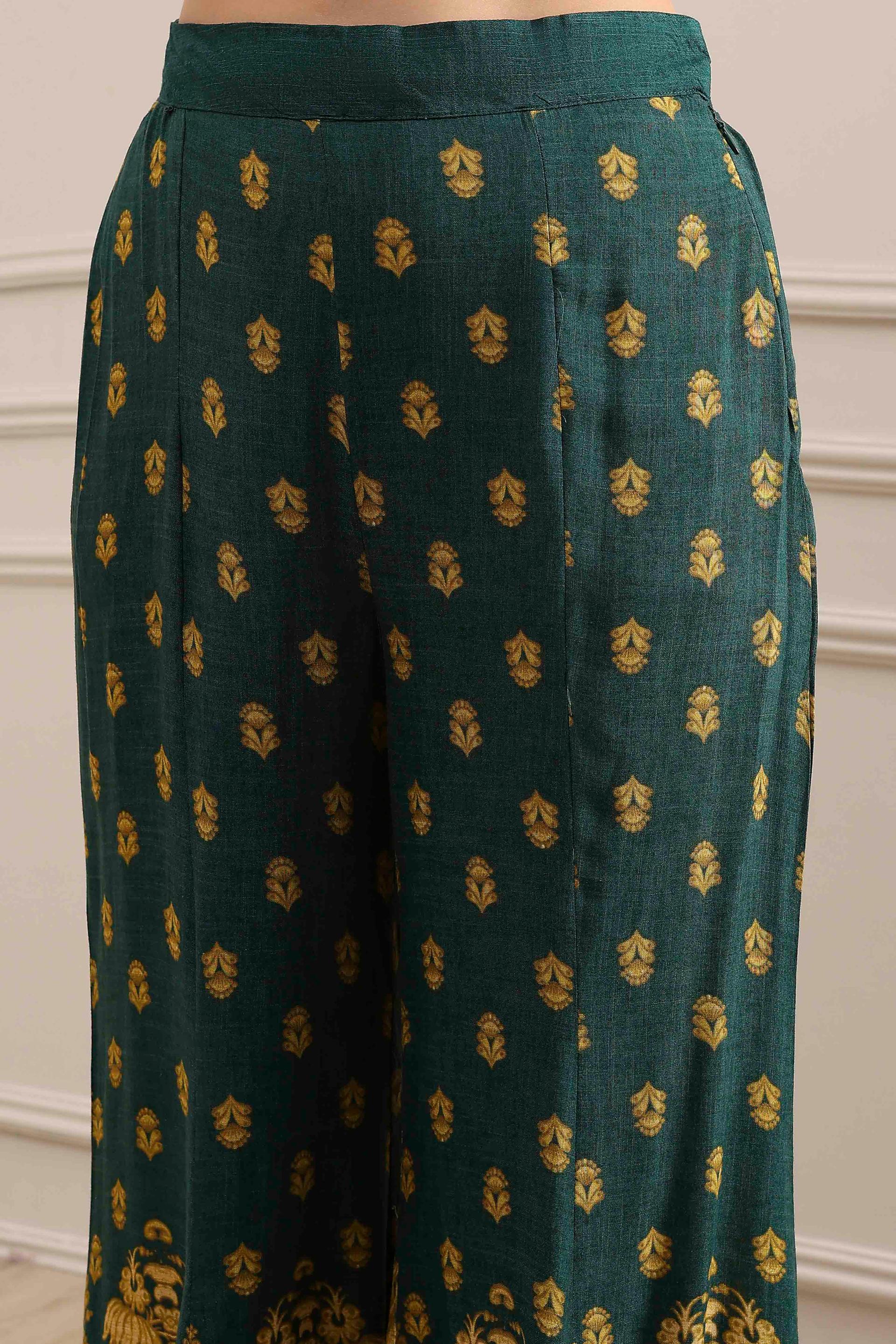Bottle Green Ornate Print Viscose Sharara Set with Striped Dupatta, view 7 of 7