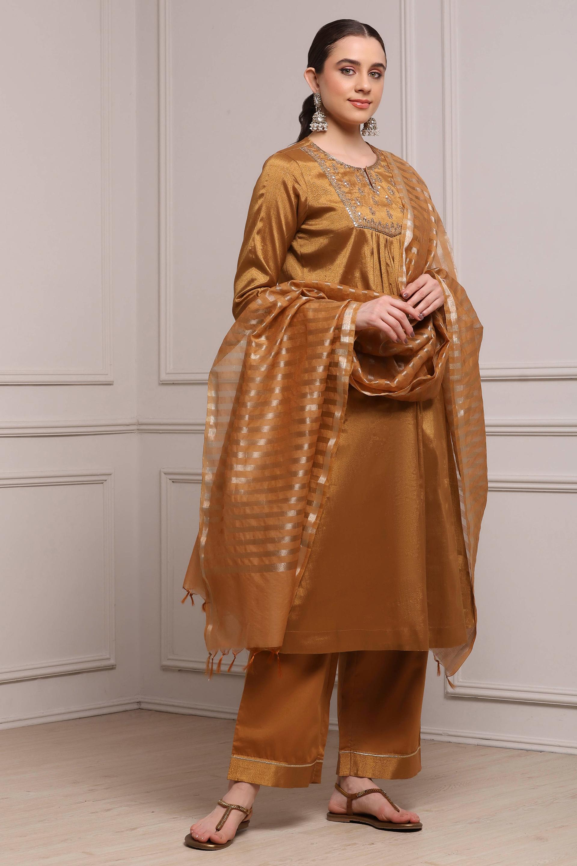 Bronze Cotton Tissue Gathered Kurta Set with Embroidered Yoke, view 3 of 7