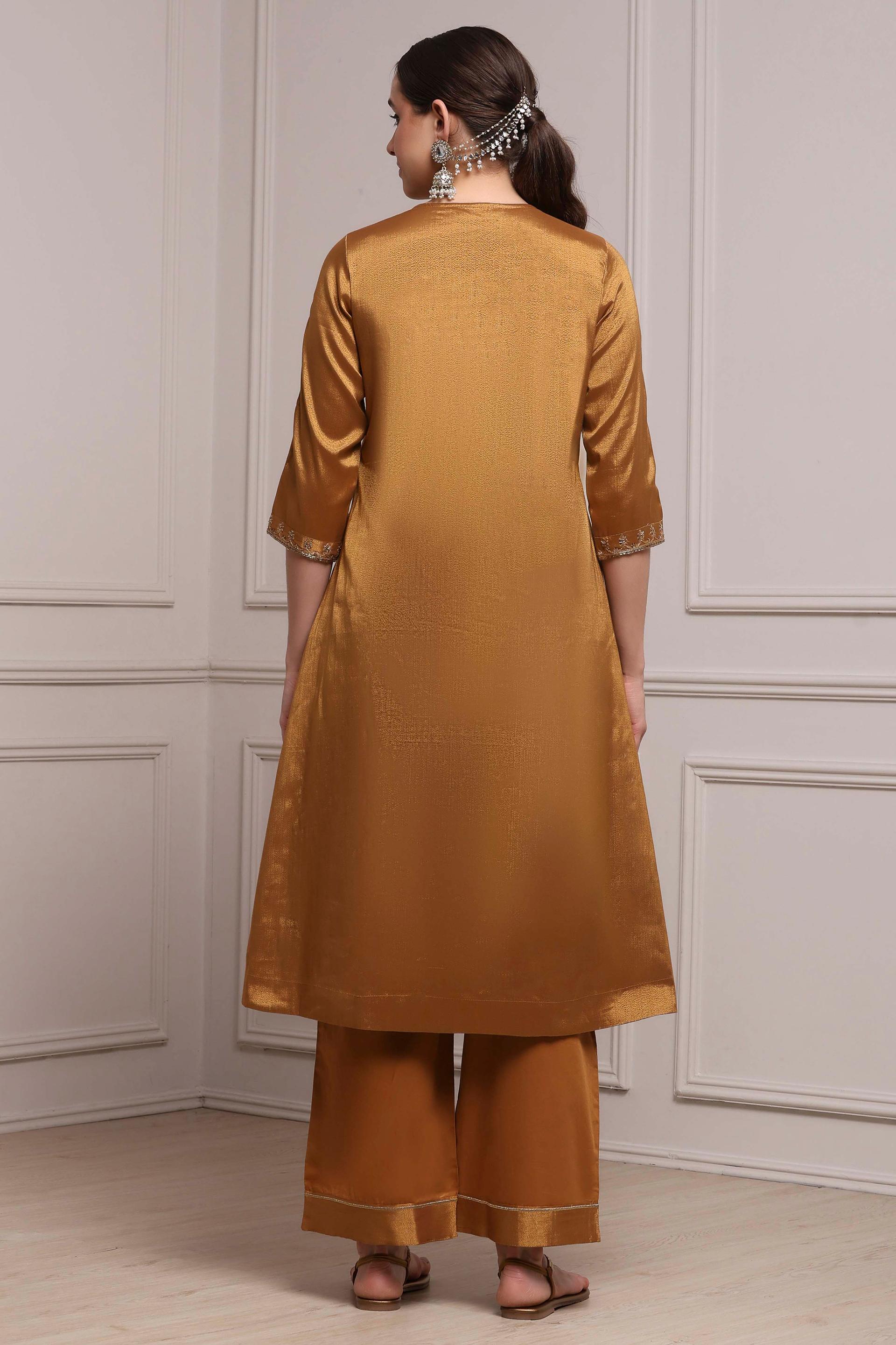 Bronze Cotton Tissue Gathered Kurta Set with Embroidered Yoke, view 4 of 7