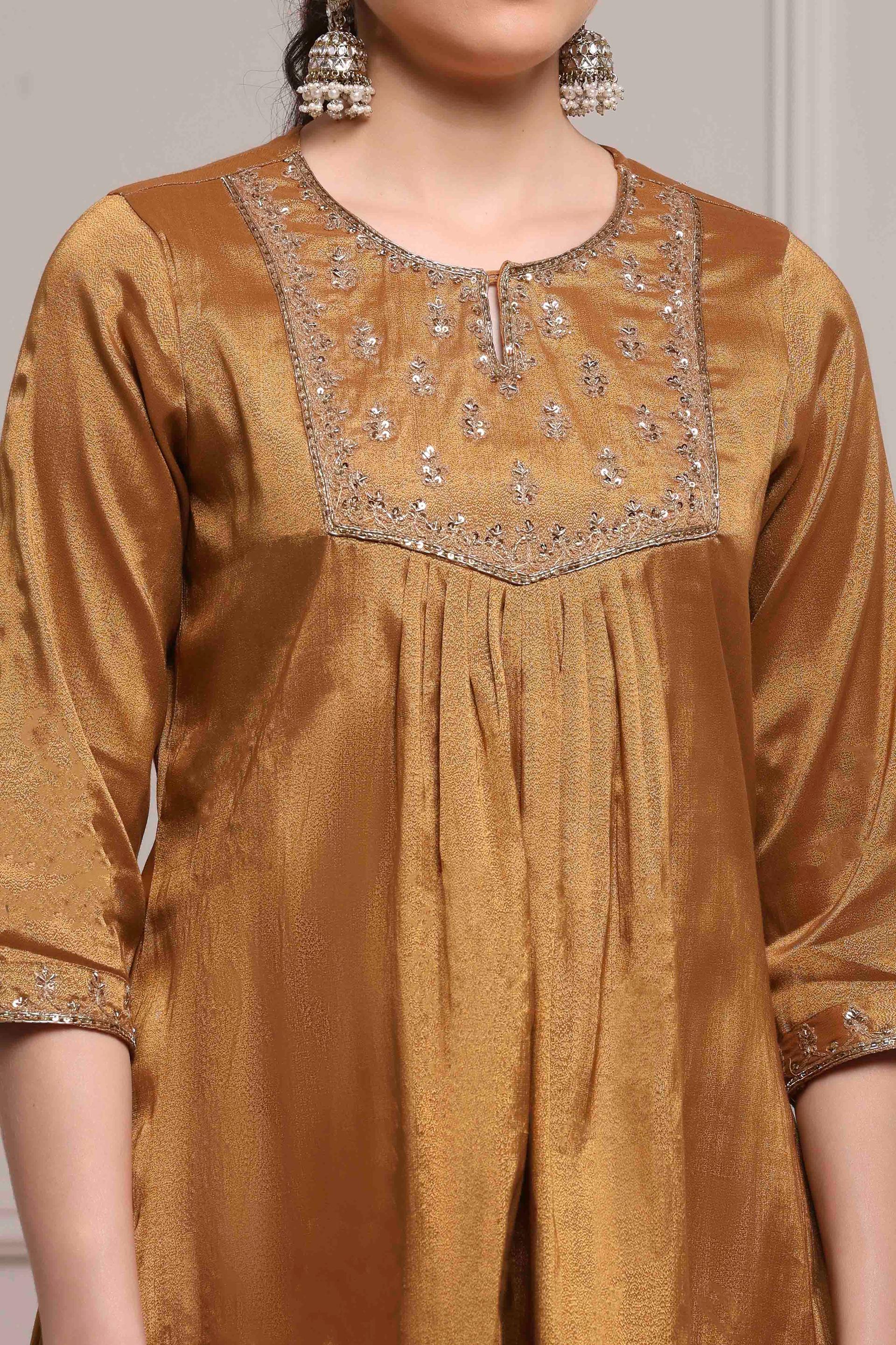 Bronze Cotton Tissue Gathered Kurta Set with Embroidered Yoke, view 5 of 7