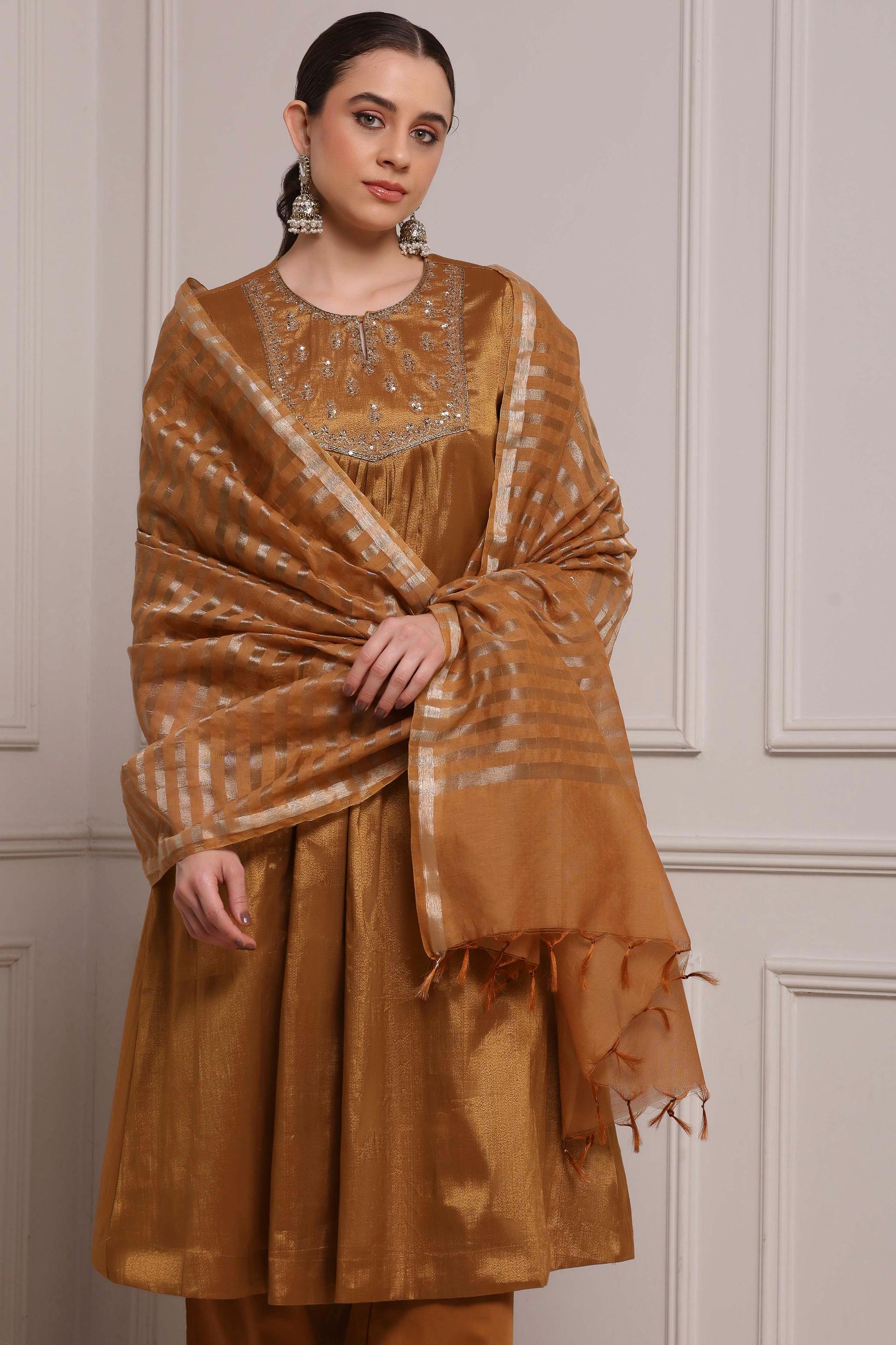 Bronze Cotton Tissue Gathered Kurta Set with Embroidered Yoke, view 6 of 7