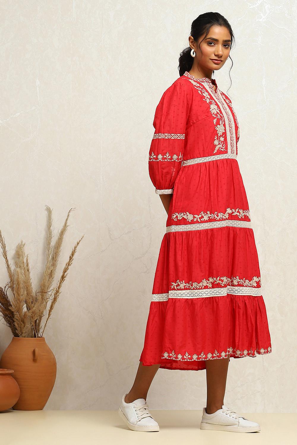 Cherry Red Cotton Tiered Midi Dress with Lace and Embroidery, view 3 of 6
