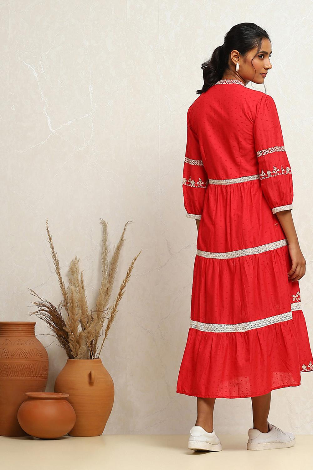Cherry Red Cotton Tiered Midi Dress with Lace and Embroidery, view 4 of 6