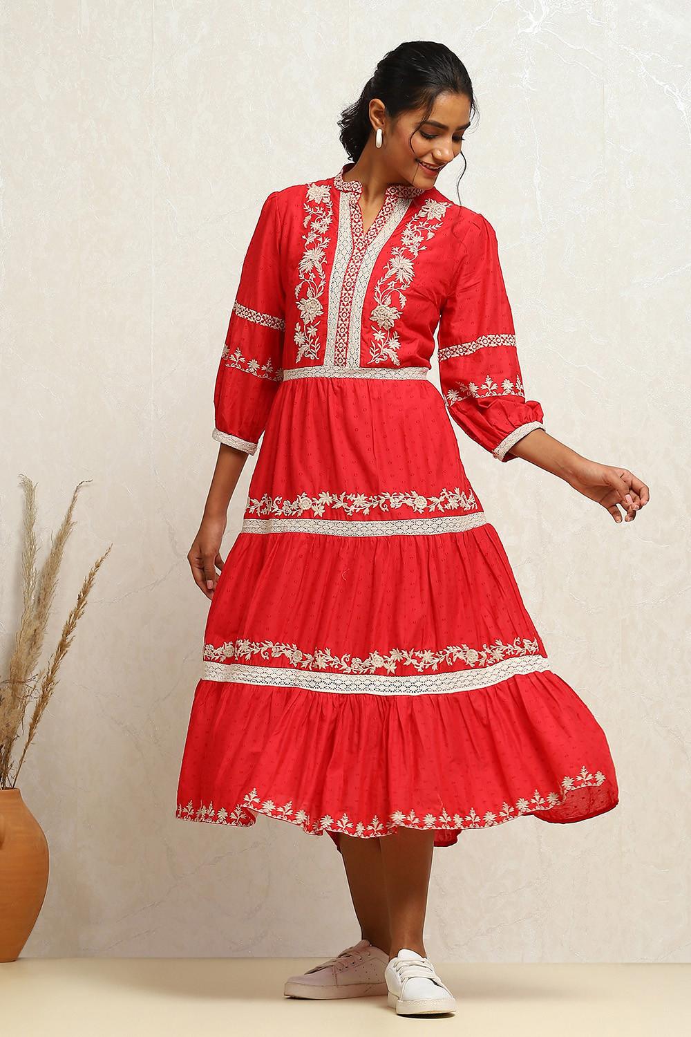 Cherry Red Cotton Tiered Midi Dress with Lace and Embroidery, view 6 of 6