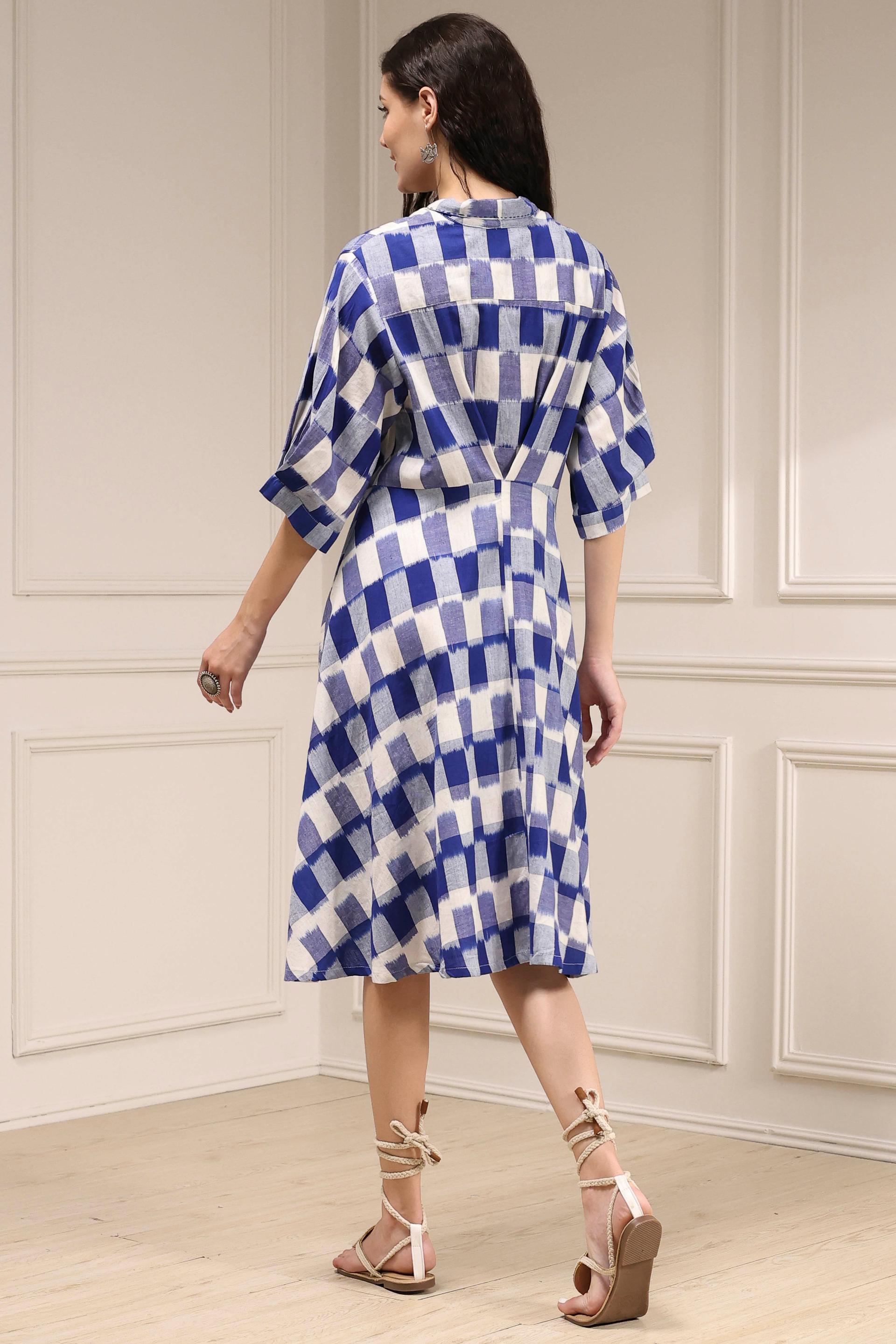 Cobalt Blue and White Check Cotton Dress with Kimono Sleeves, view 3 of 5