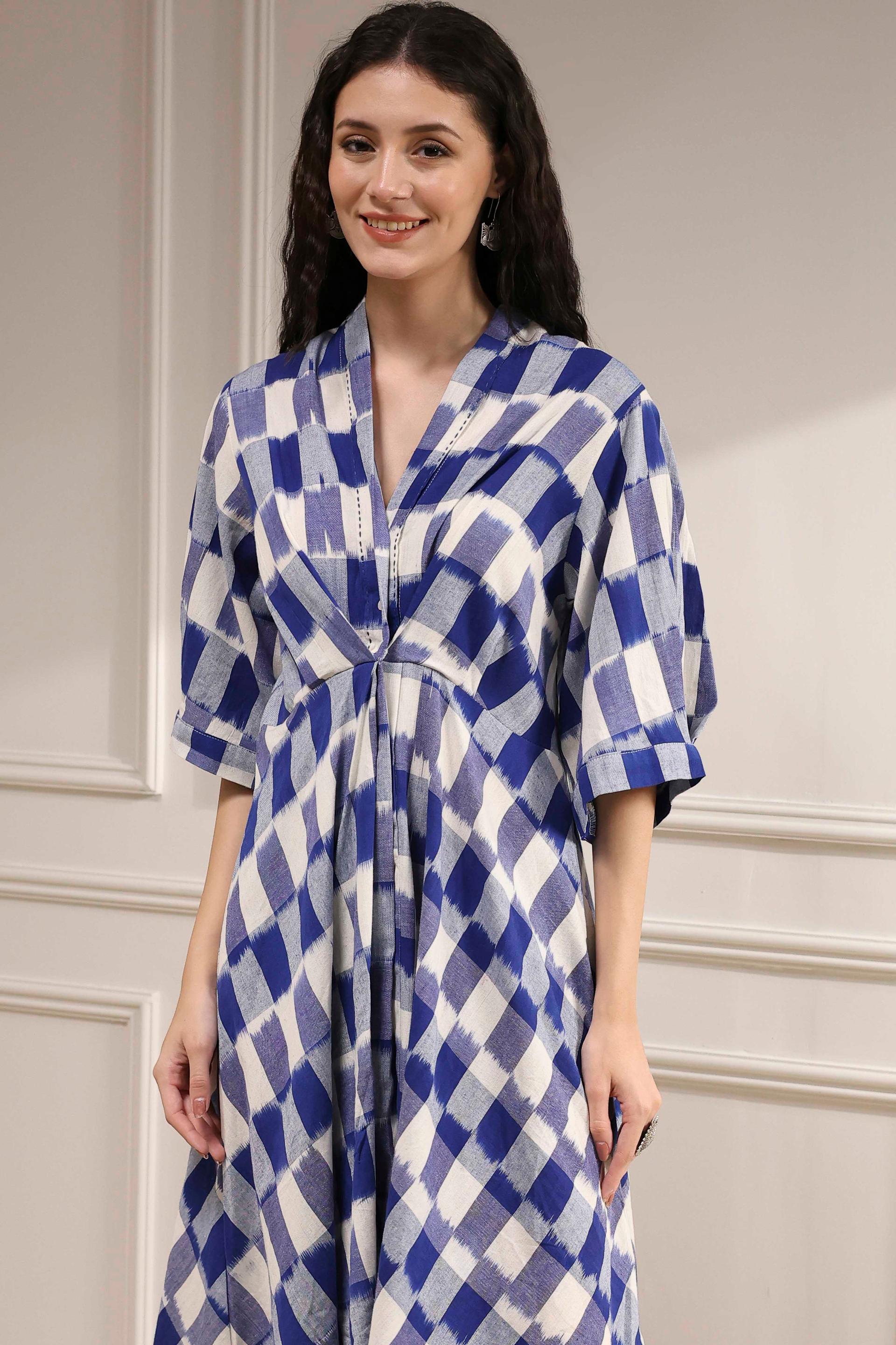 Cobalt Blue and White Check Cotton Dress with Kimono Sleeves, view 4 of 5