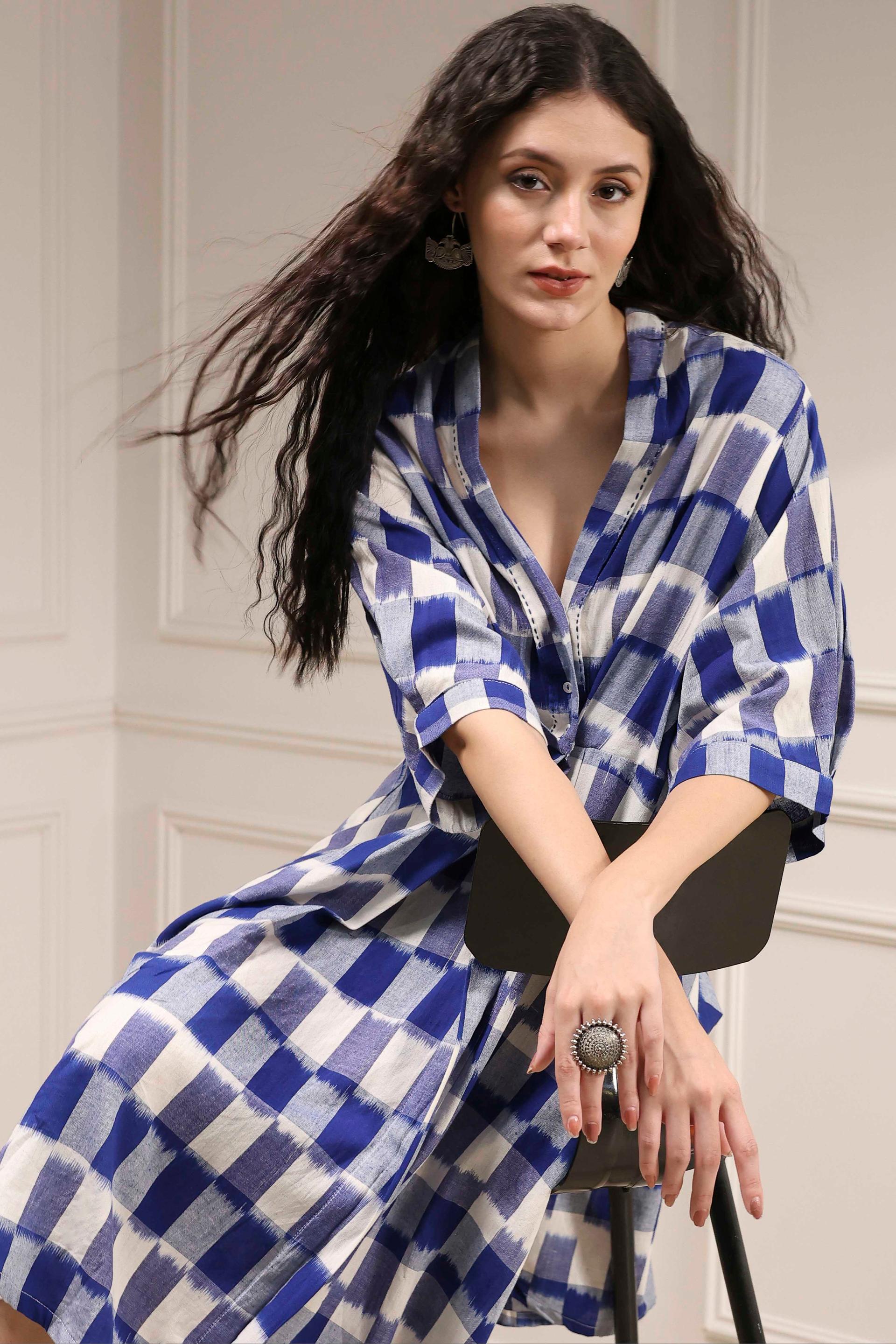 Cobalt Blue and White Check Cotton Dress with Kimono Sleeves, view 5 of 5