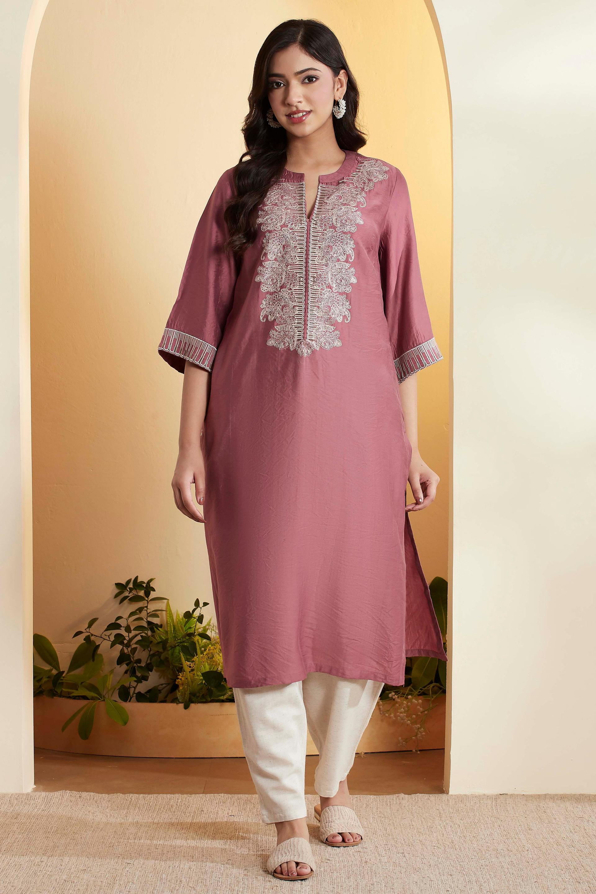 Dusty Rose Viscose Straight Kurta with Paisley Embroidered Front
