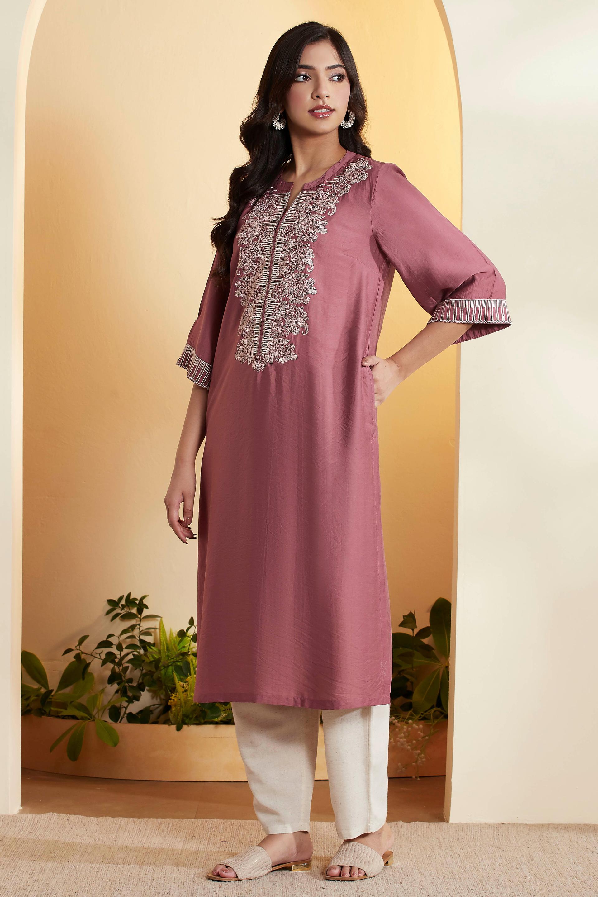 Dusty Rose Viscose Straight Kurta with Paisley Embroidered Front, view 2 of 6
