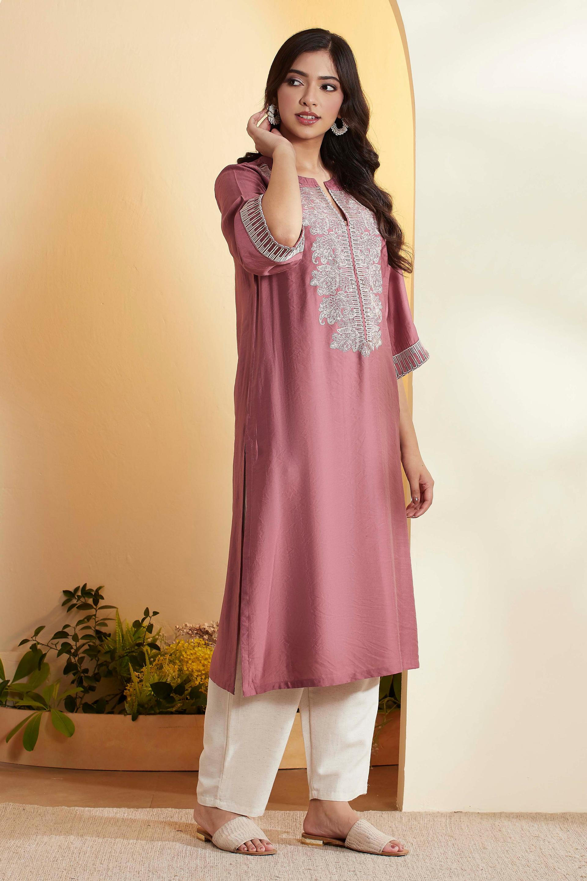Dusty Rose Viscose Straight Kurta with Paisley Embroidered Front, view 3 of 6