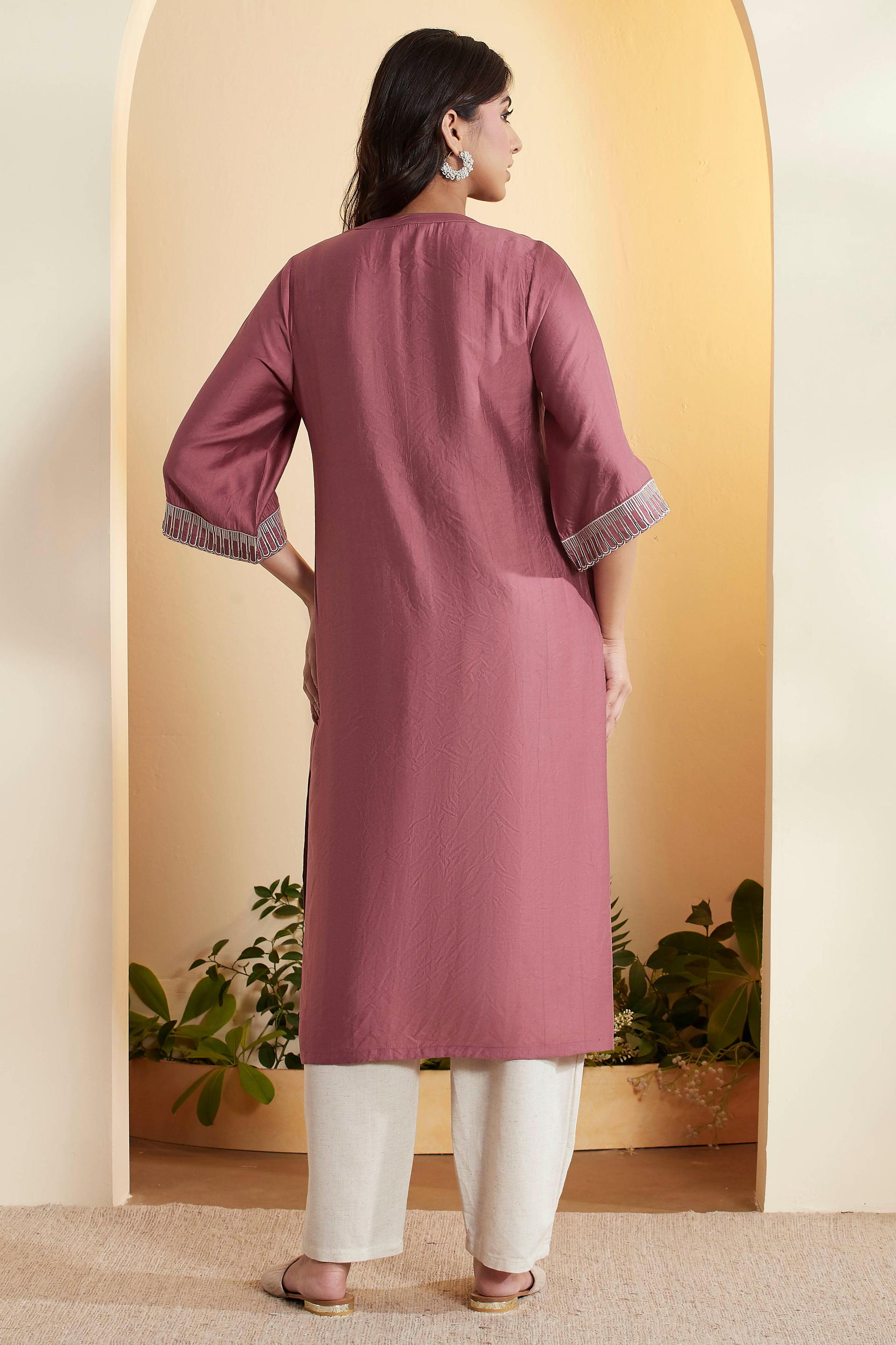 Dusty Rose Viscose Straight Kurta with Paisley Embroidered Front, view 4 of 6