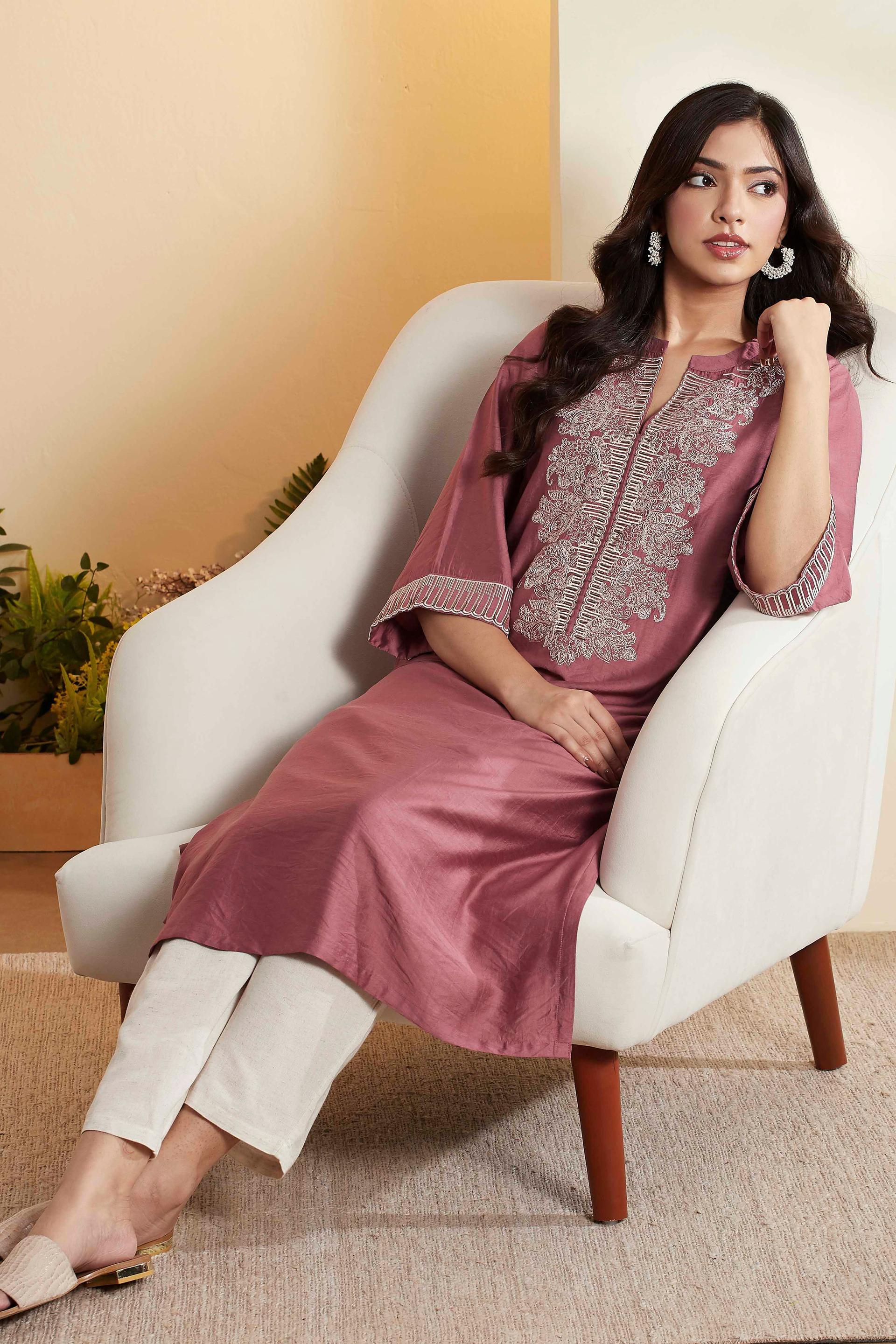 Dusty Rose Viscose Straight Kurta with Paisley Embroidered Front, view 6 of 6