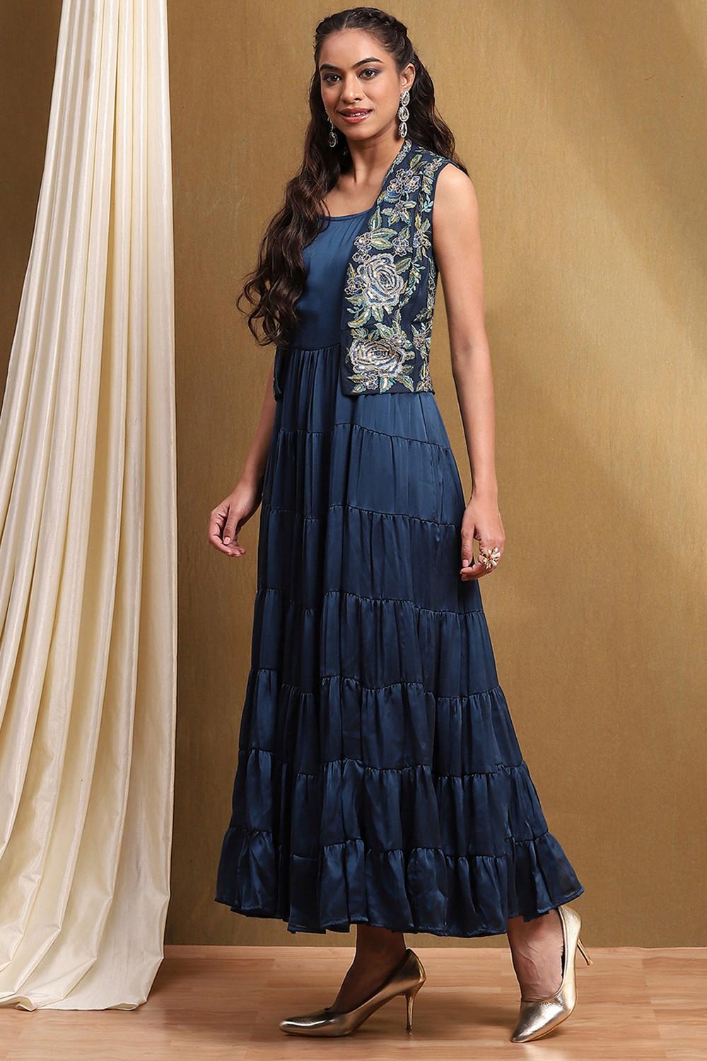 Ink Blue Tiered Georgette Dress with Embroidered Net Jacket