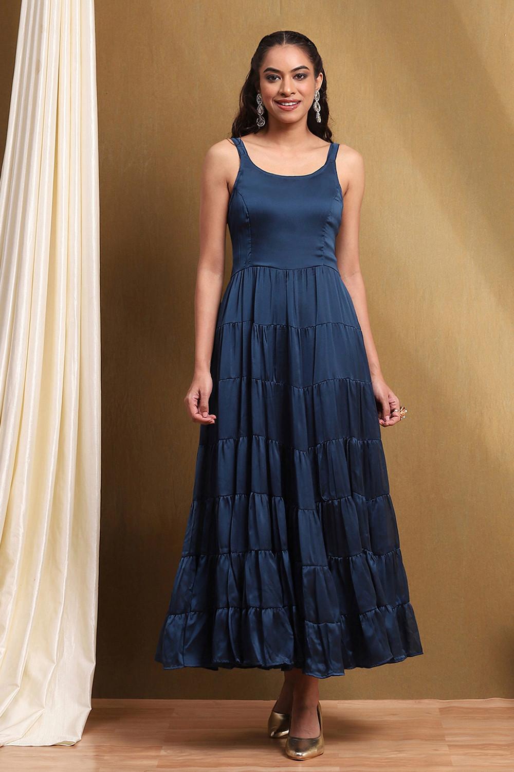 Ink Blue Tiered Georgette Dress with Embroidered Net Jacket, view 2 of 6