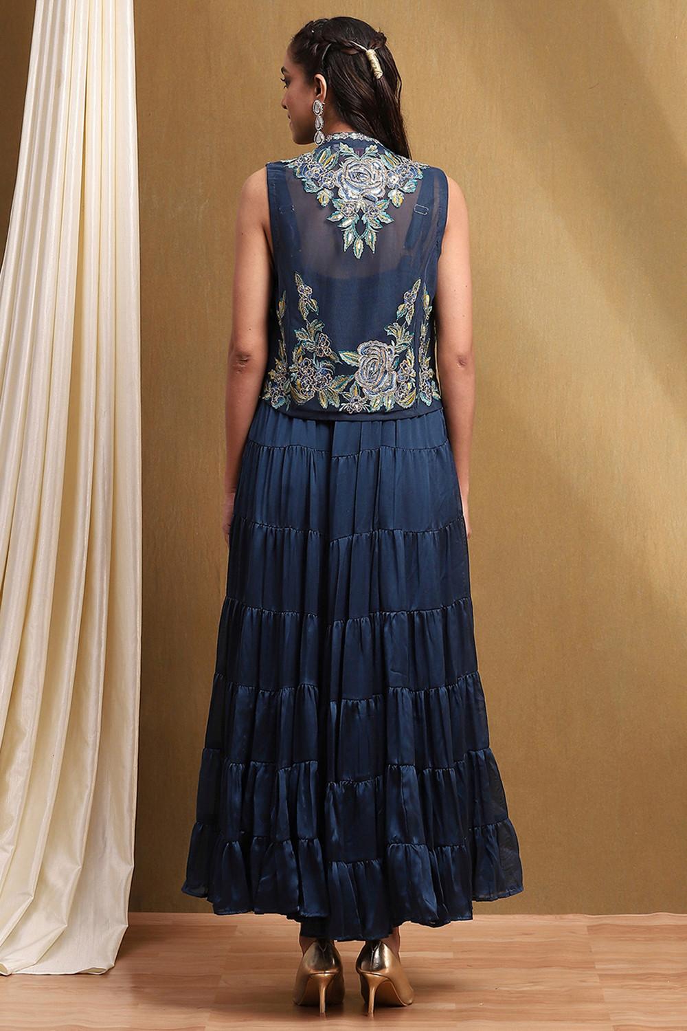 Ink Blue Tiered Georgette Dress with Embroidered Net Jacket, view 3 of 6