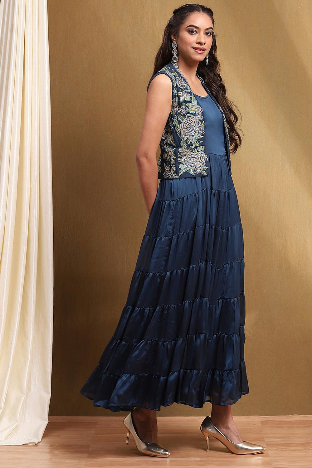 Ink Blue Tiered Georgette Dress with Embroidered Net Jacket, view 4 of 6