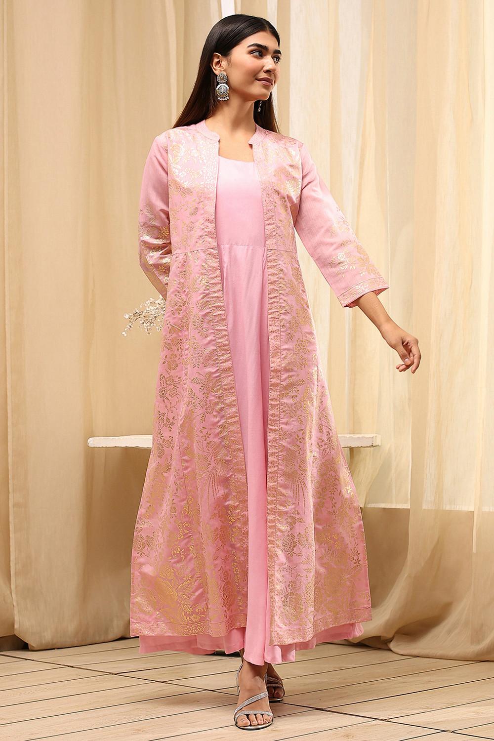 Light Pink Foil Print Layered Dress with Long Open Jacket