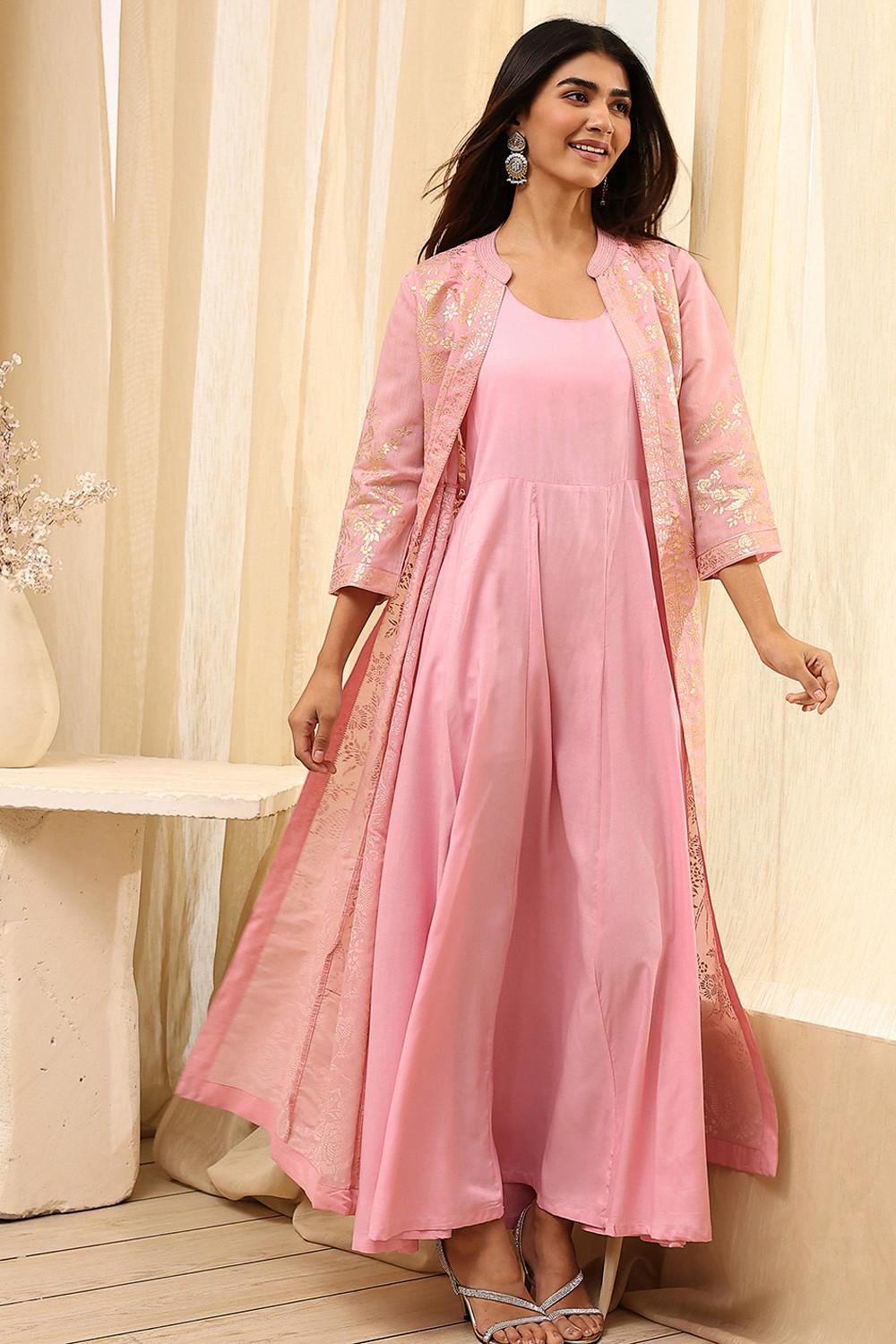 Light Pink Foil Print Layered Dress with Long Open Jacket, view 2 of 6