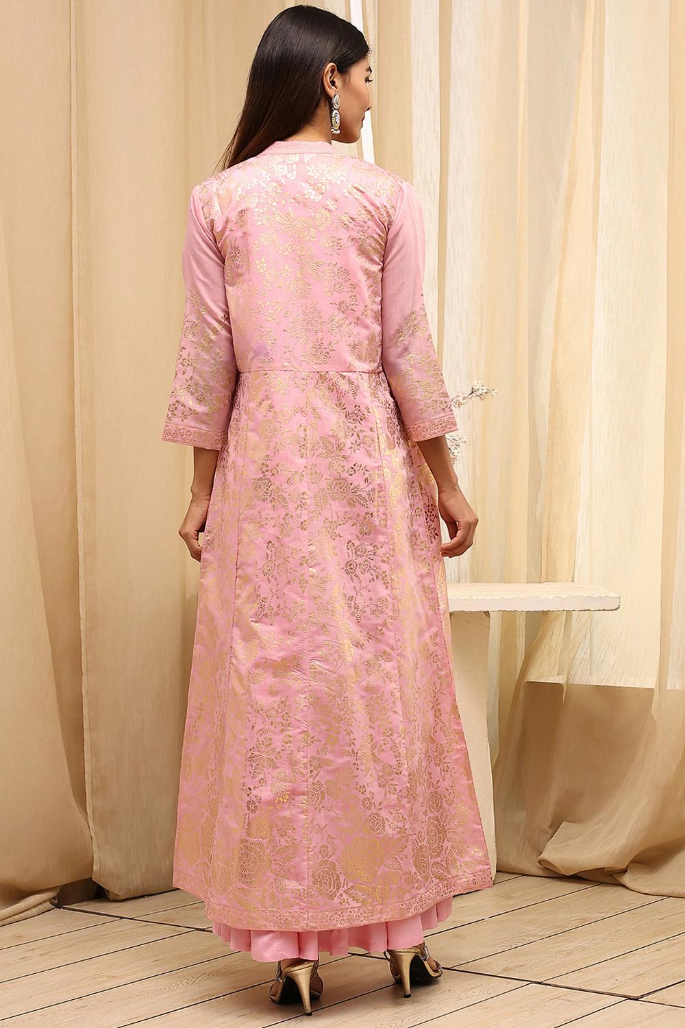 Light Pink Foil Print Layered Dress with Long Open Jacket, view 4 of 6