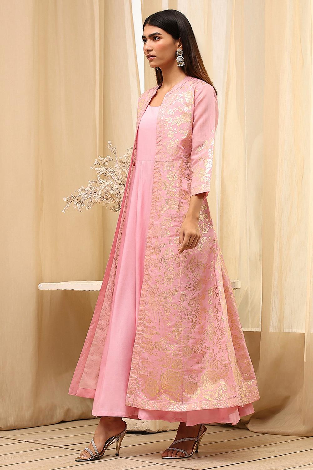 Light Pink Foil Print Layered Dress with Long Open Jacket, view 5 of 6