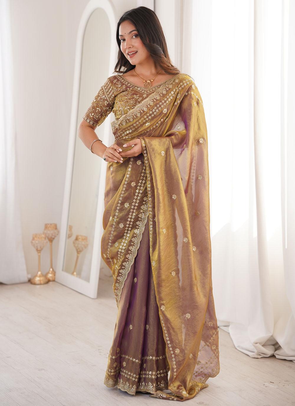 Lilac Gold Shimmer Saree with Sequin Embroidery