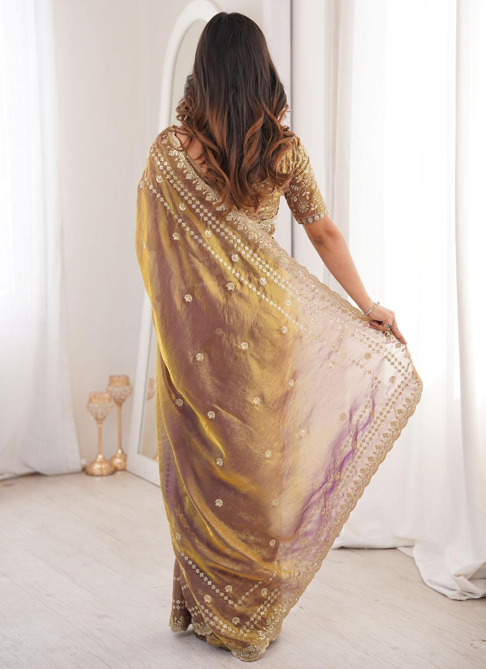 Lilac Gold Shimmer Saree with Sequin Embroidery, view 2 of 4