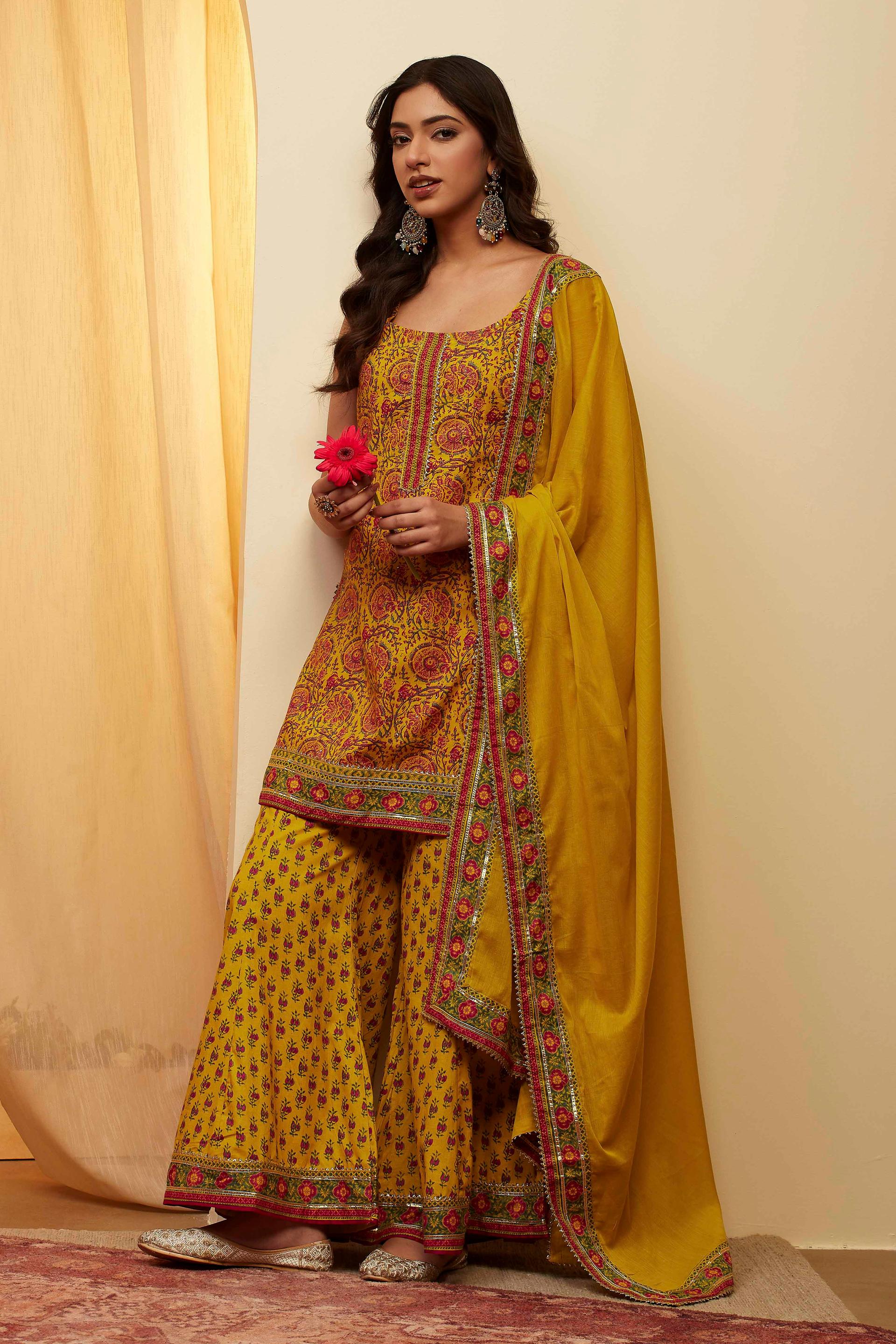 Lime Yellow Floral Print Cotton Strappy Kurta and Sharara Set