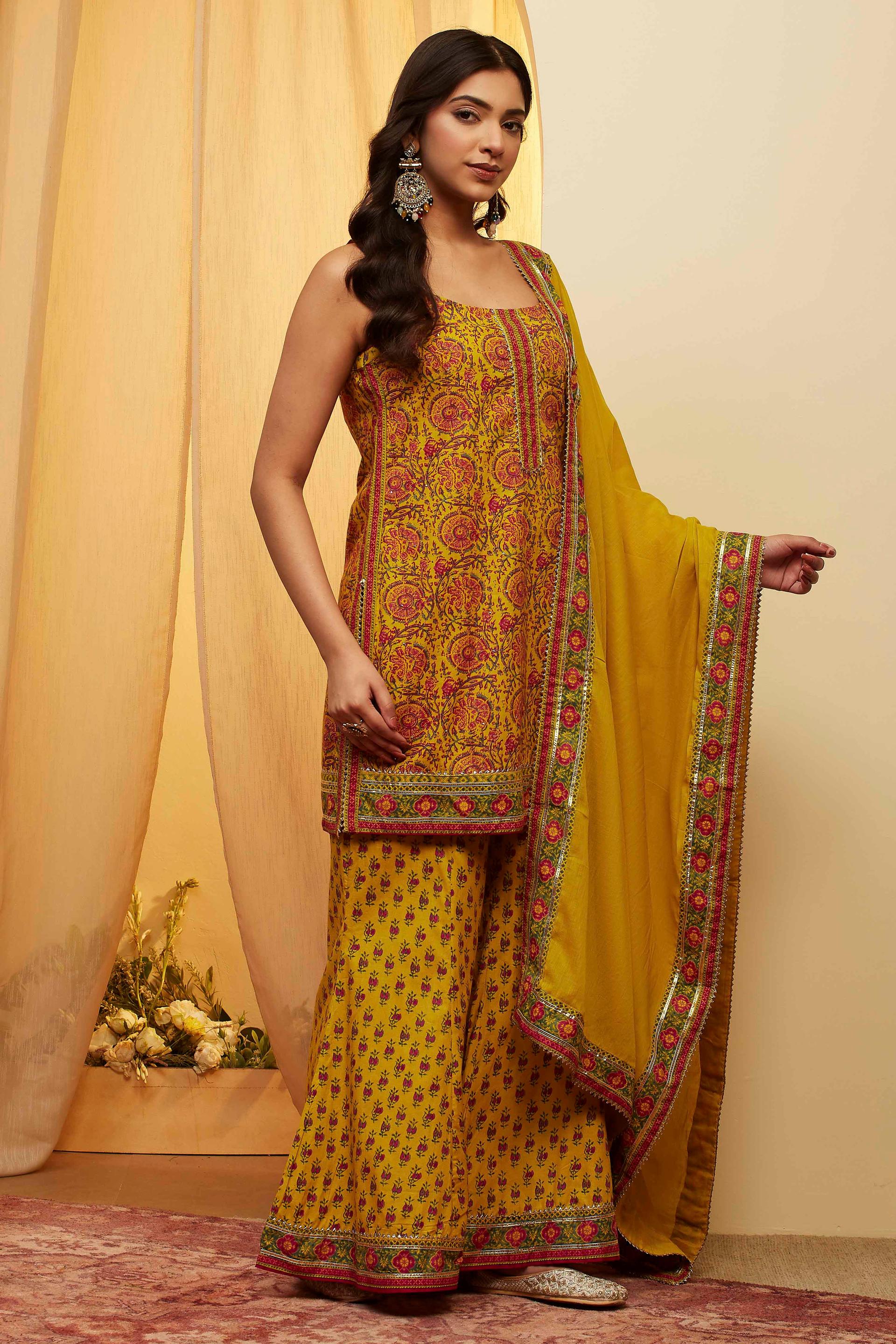 Lime Yellow Floral Print Cotton Strappy Kurta and Sharara Set, view 2 of 6