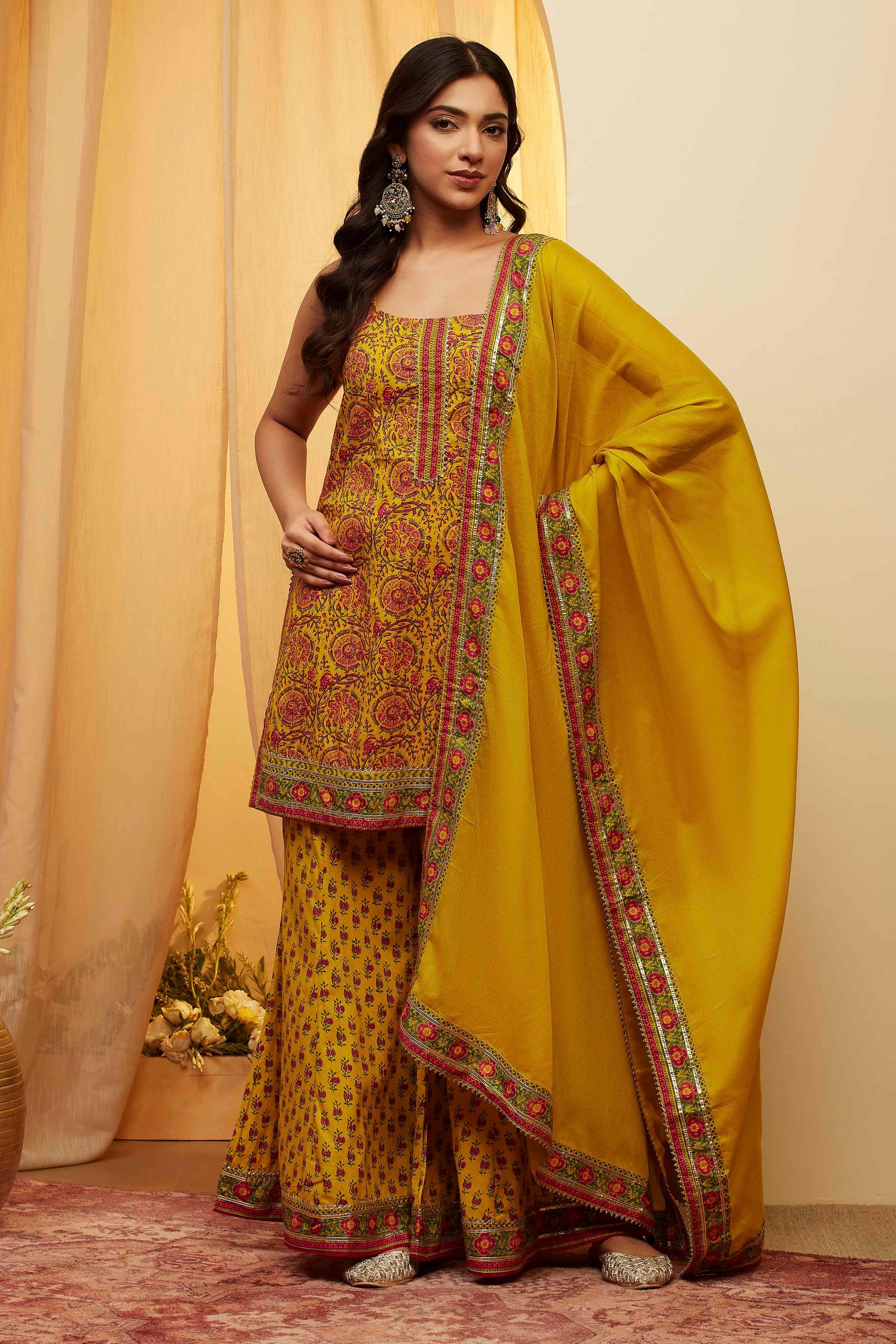 Lime Yellow Floral Print Cotton Strappy Kurta and Sharara Set, view 3 of 6