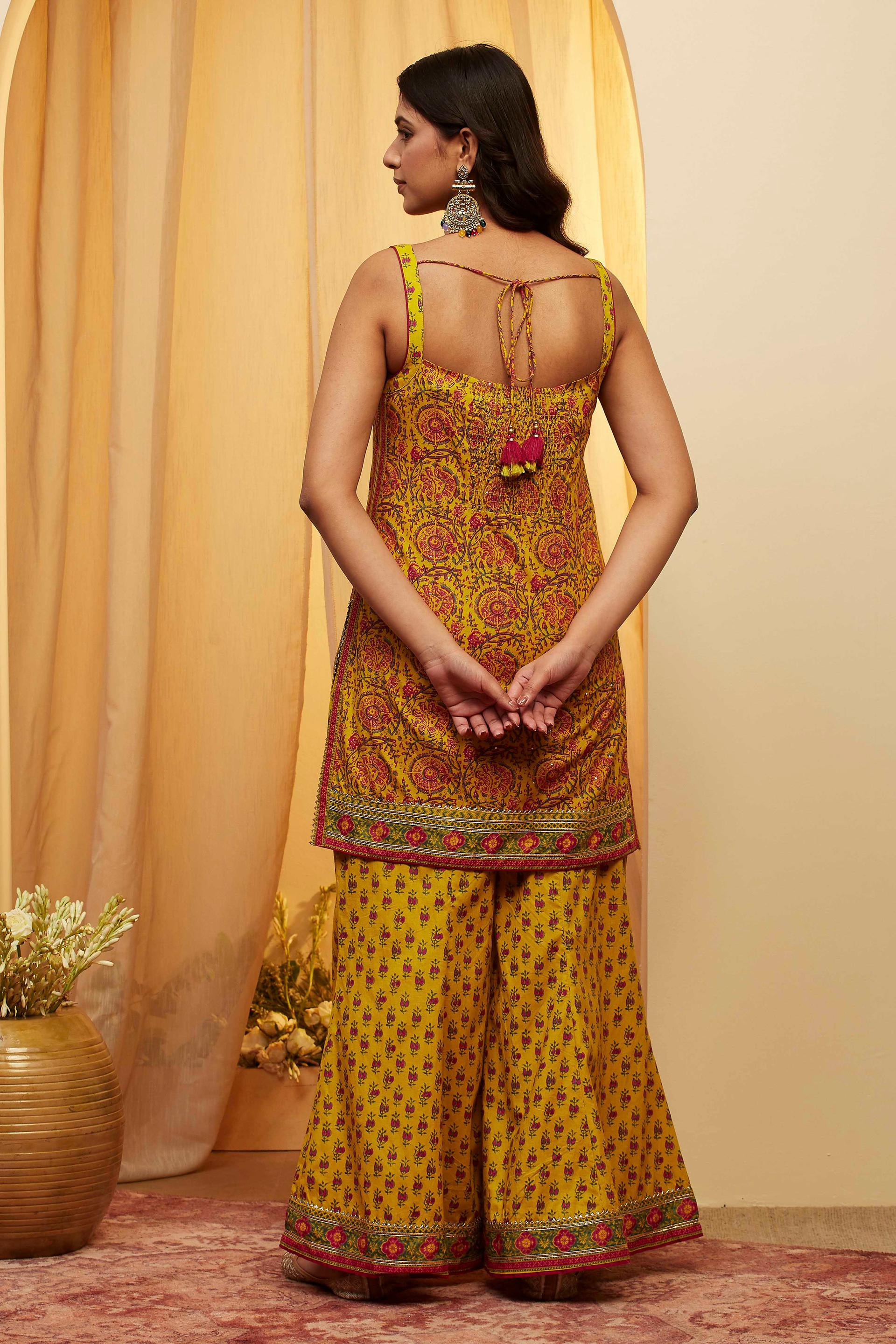 Lime Yellow Floral Print Cotton Strappy Kurta and Sharara Set, view 4 of 6