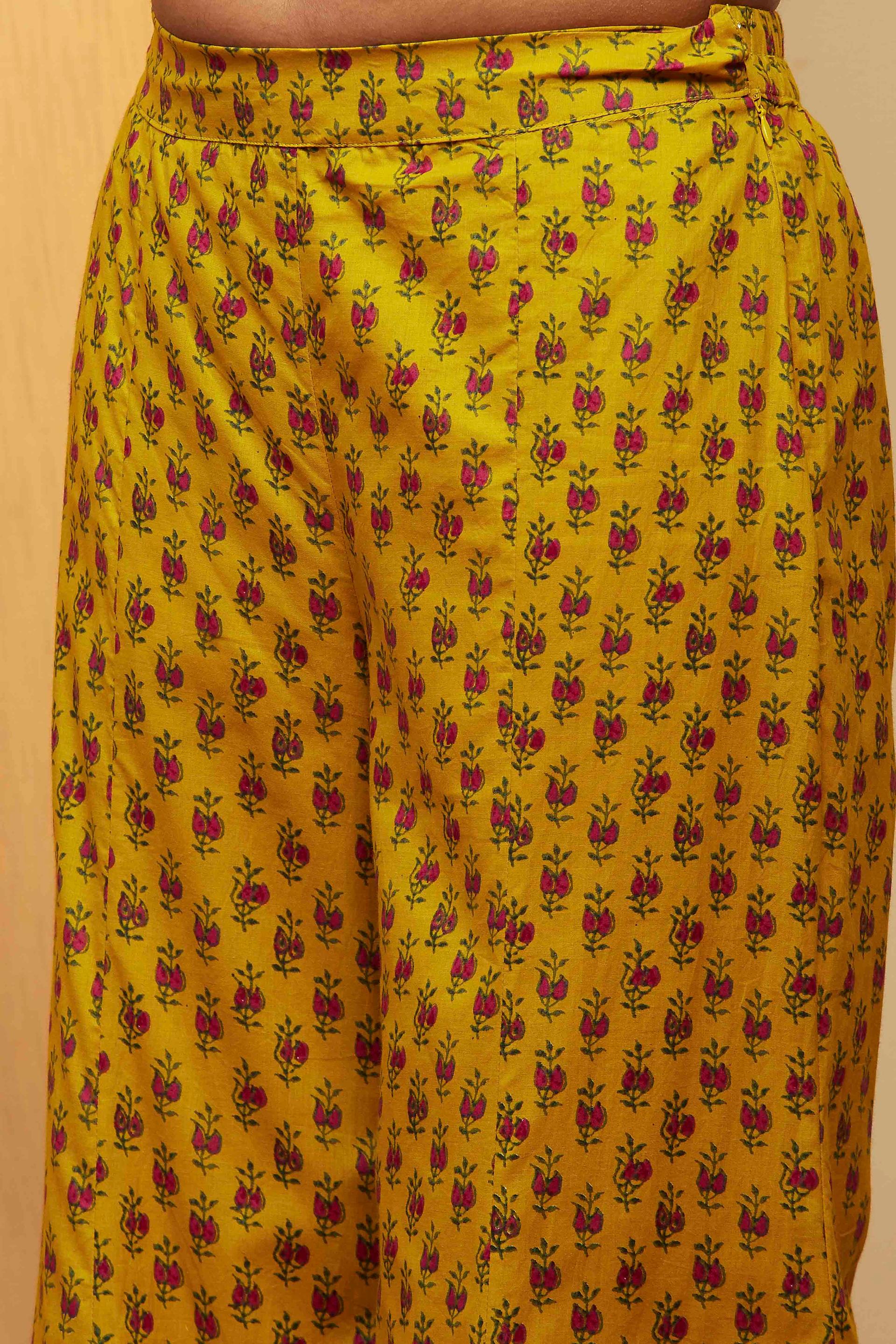 Lime Yellow Floral Print Cotton Strappy Kurta and Sharara Set, view 6 of 6