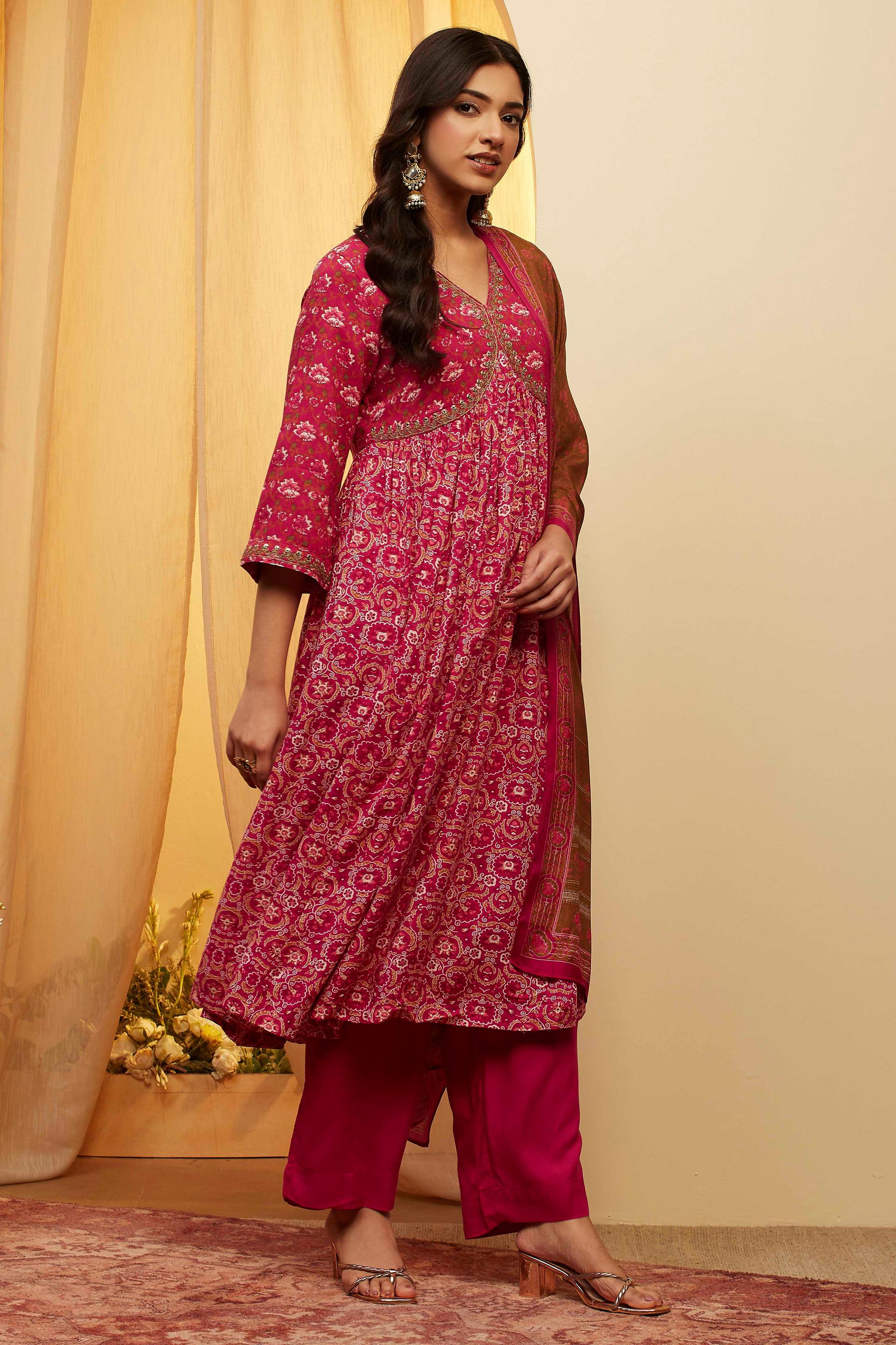 Magenta Floral Print Rayon Gathered Kurta Set with Brown Dupatta, view 3 of 6