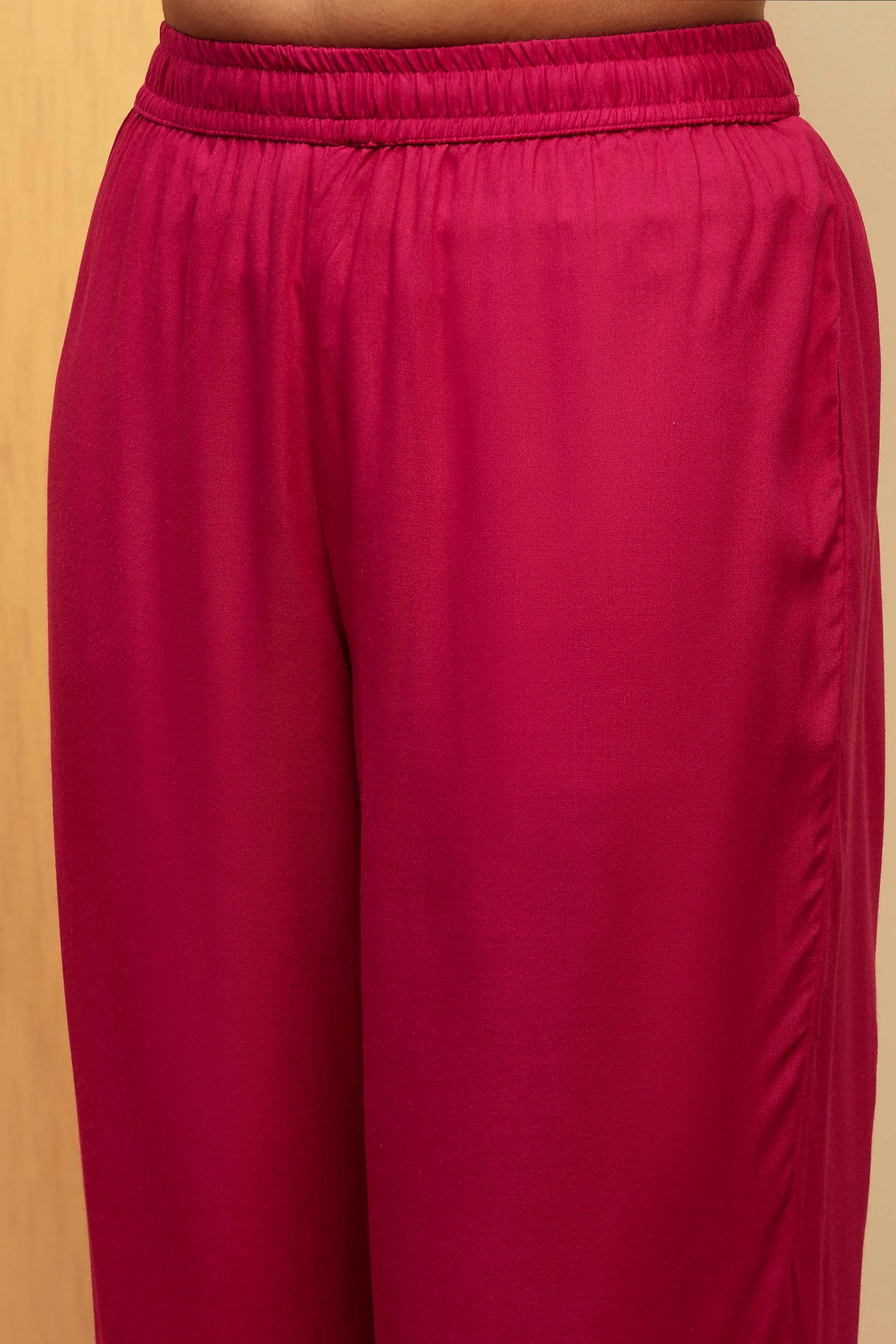 Magenta Floral Print Rayon Gathered Kurta Set with Brown Dupatta, view 6 of 6