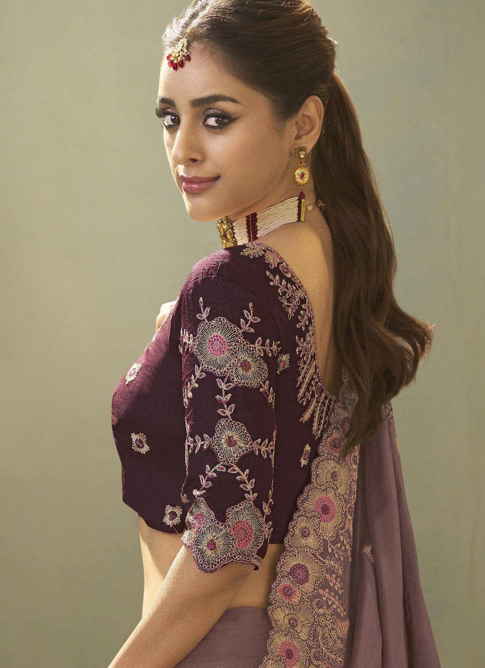 Mauve Silk-Look Saree with Scalloped Embroidered Border, view 3 of 3