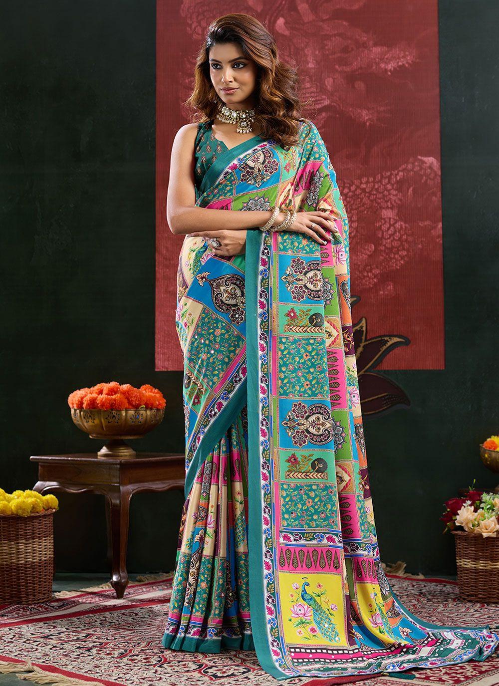 Multicolour Patchwork Print Crepe Saree with Mirror Work