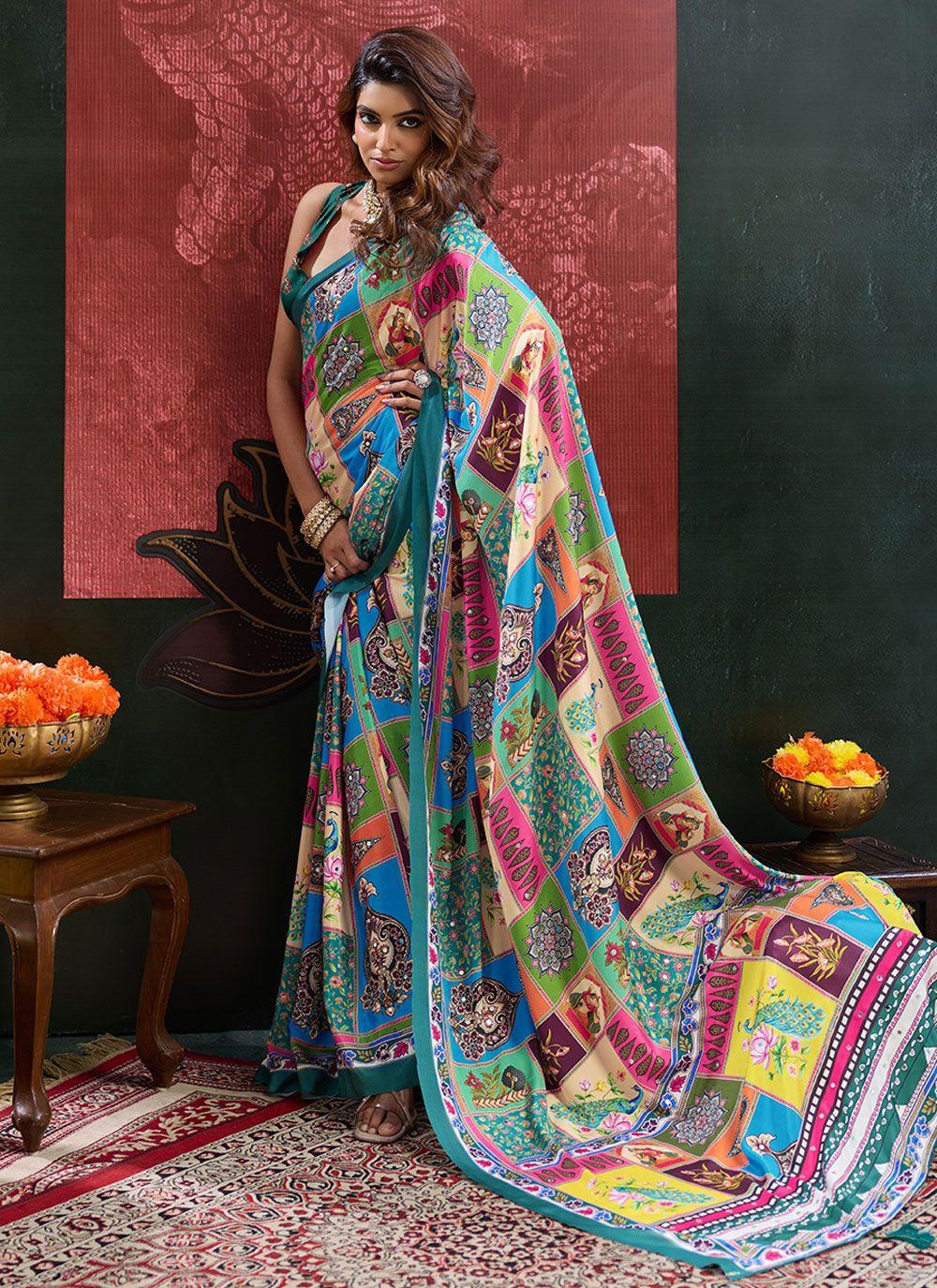 Multicolour Patchwork Print Crepe Saree with Mirror Work, view 2 of 4