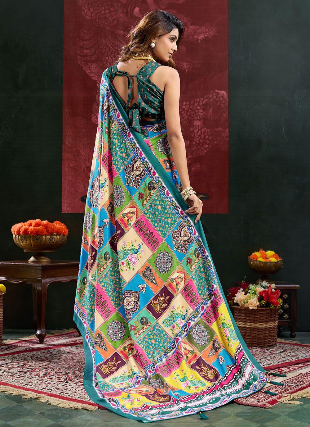 Multicolour Patchwork Print Crepe Saree with Mirror Work, view 3 of 4