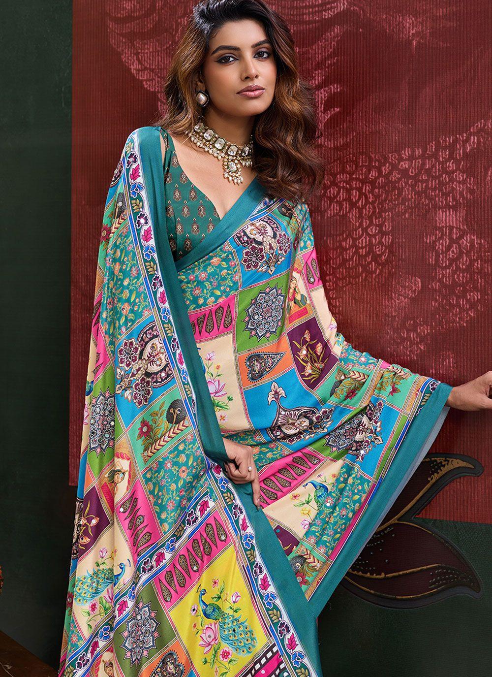 Multicolour Patchwork Print Crepe Saree with Mirror Work, view 4 of 4